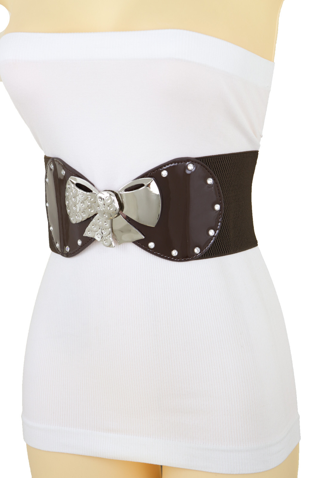 Women Dark Brown Wide Old School Fun Belt Silver Metal Bow Tie Ribbon Buckle S M
