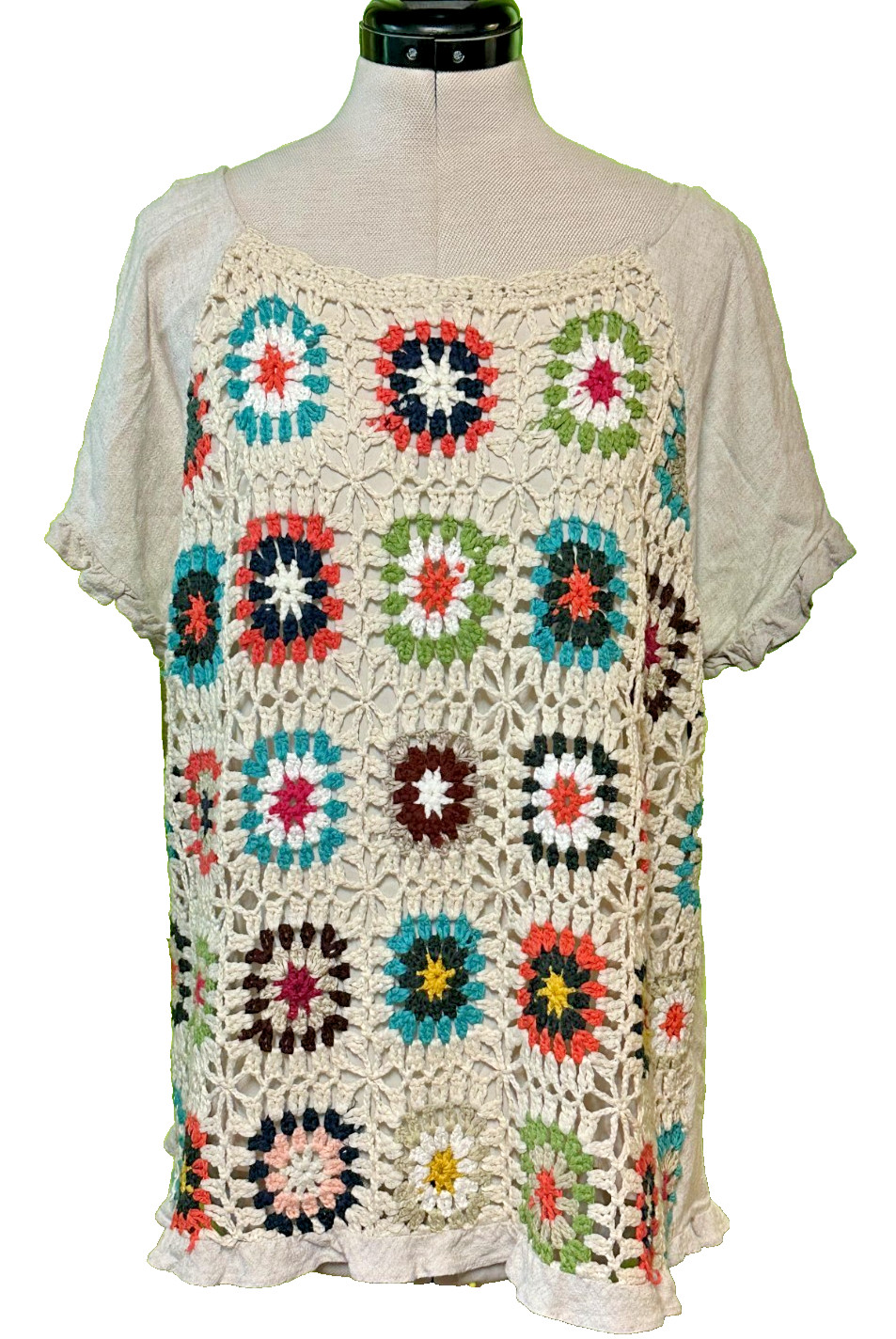 Umgee Crochet granny square front tunic linen blend XL