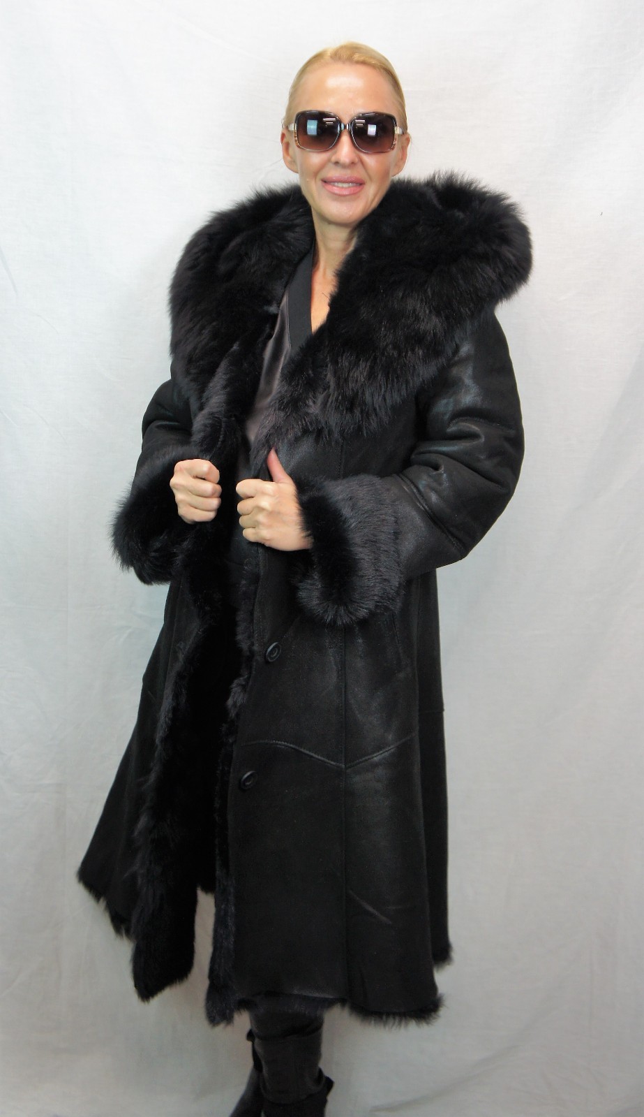 REAL 100% Sheepskin Shearling Leather Toscana Long Coat Hood DAKOTA BLACK XS-6XL