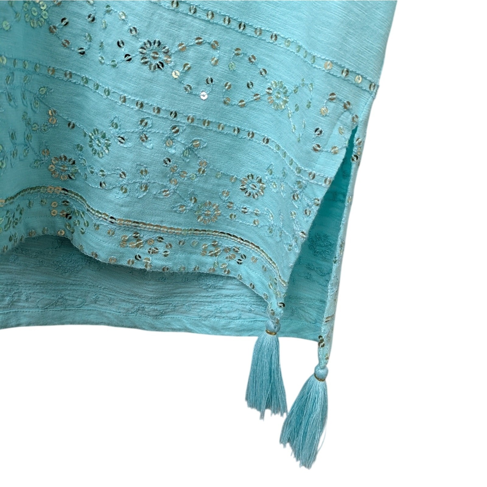 NWOT Soft Surroundings Tunic Top Medium Aqua Blue Beaded Tassel Coastal