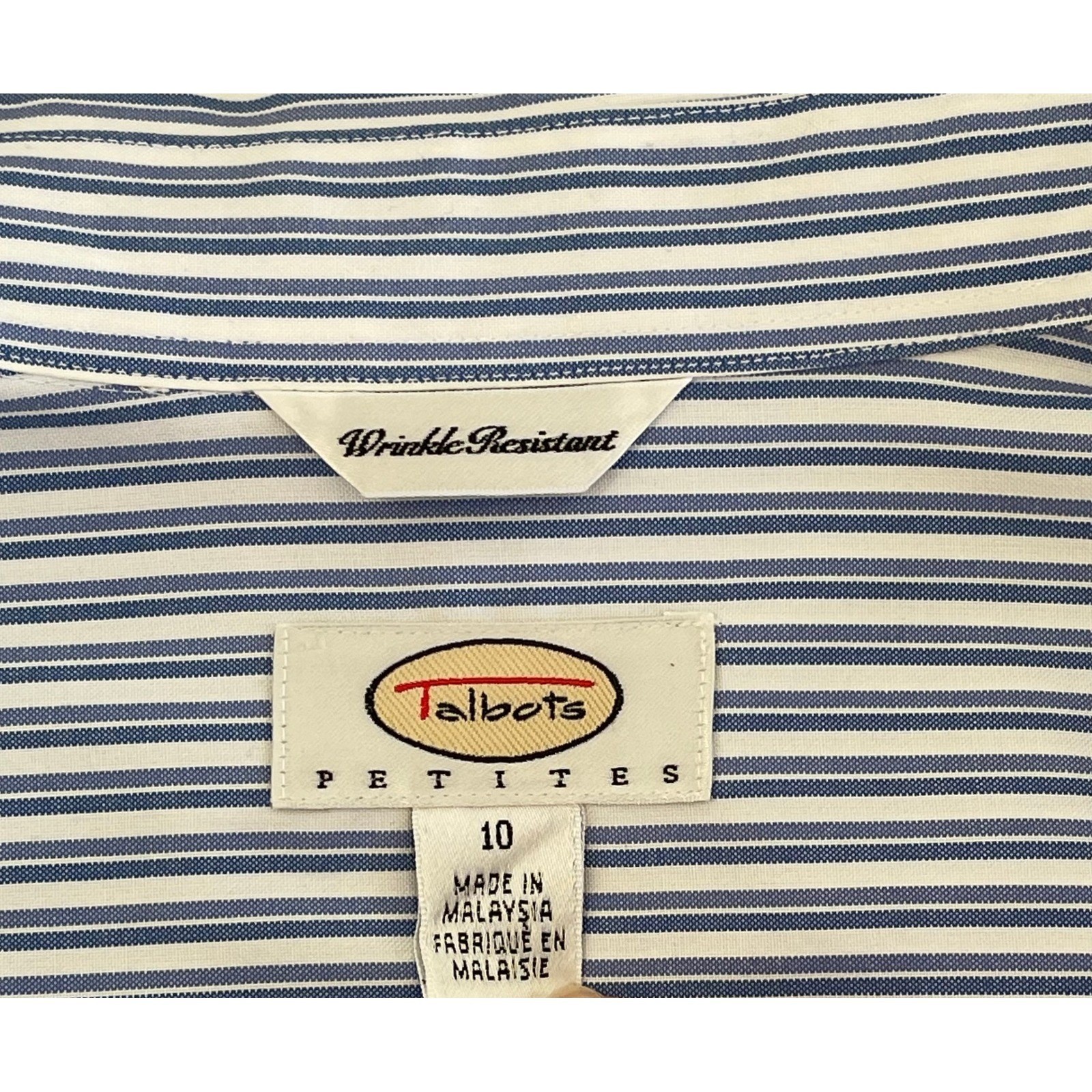 Talbots Petites Blue White Striped Wrinkle Resistant Button Down Shirt Size 10P