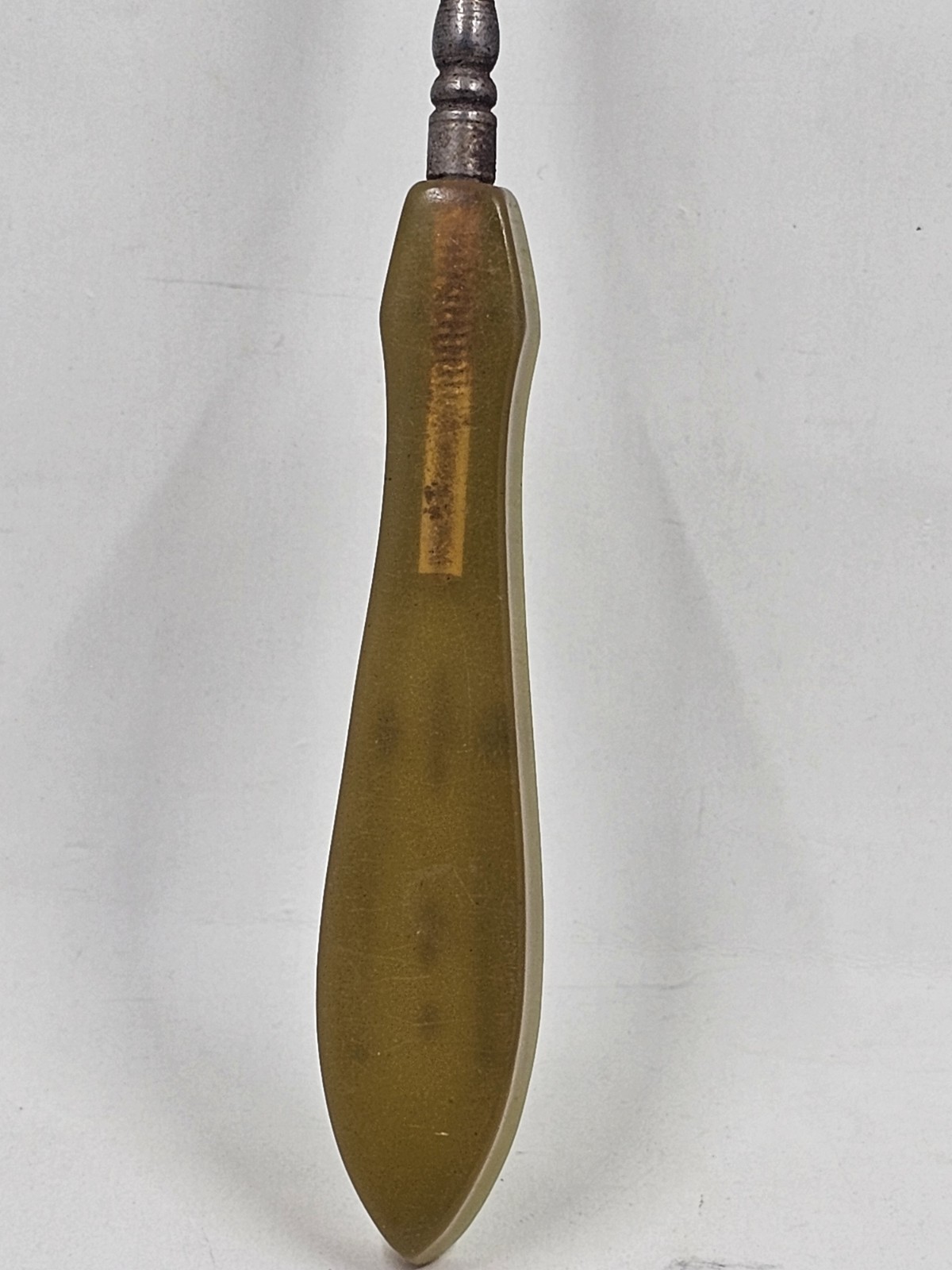 Antique Button Hook Olive Yellow Bakelite Handle Steel Shaft Victorian Shoe Tool