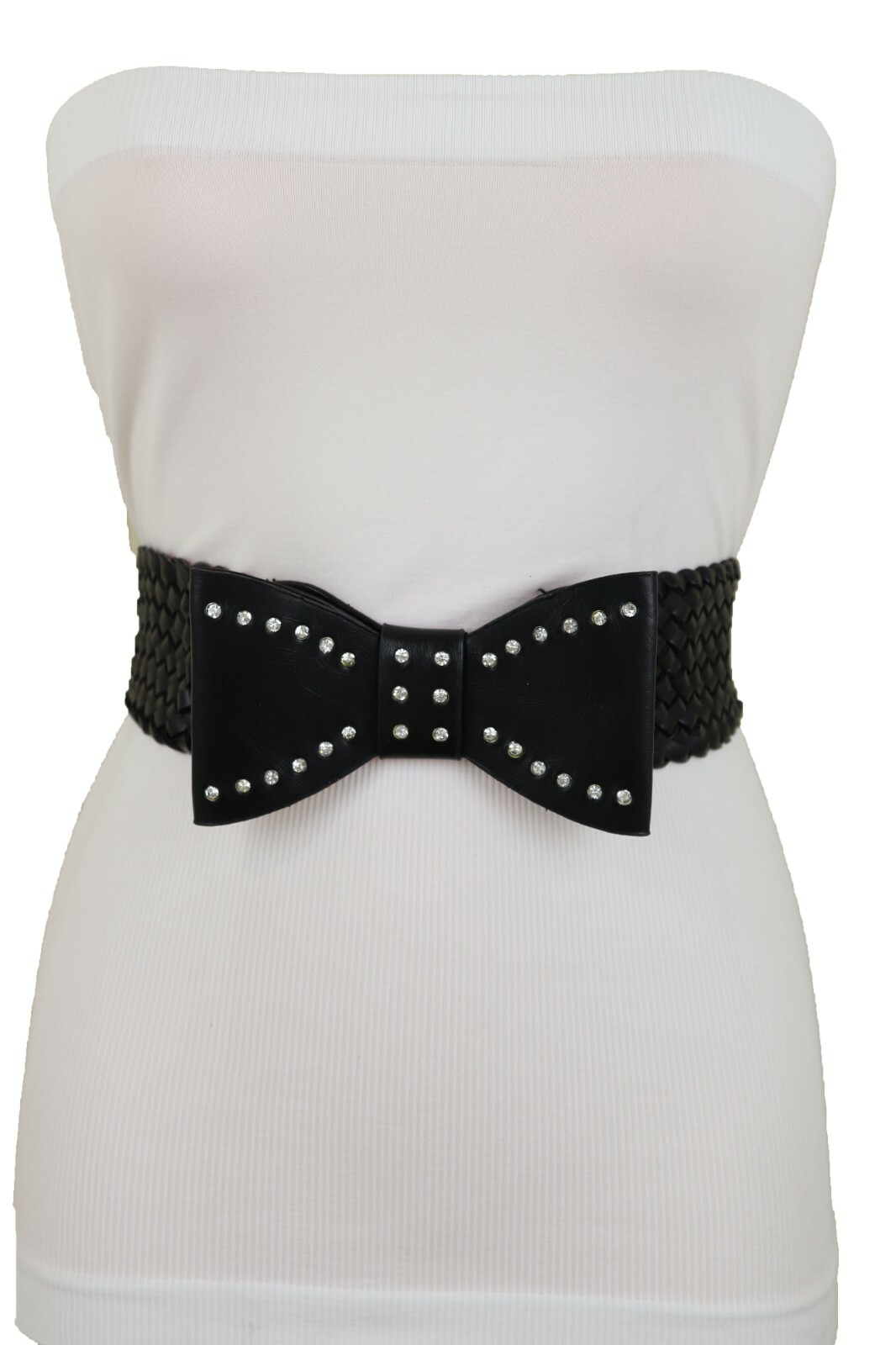 Women Bow Tie Ribbon Buckle Braided Waistband Black Elastic Strap Fashion Belt S