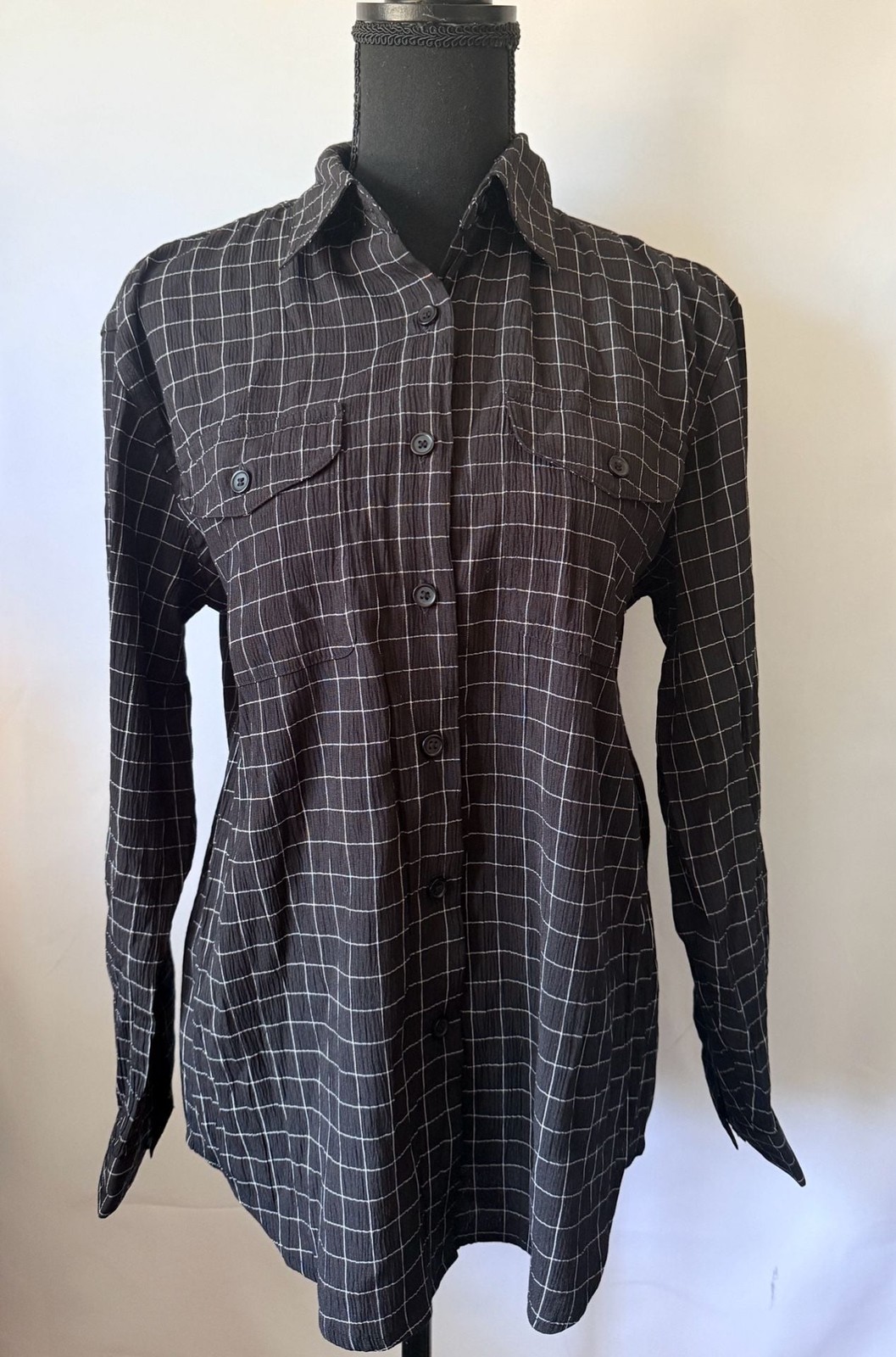 Laura Scott Black and White Windowpane Plaid Button Down Shirt