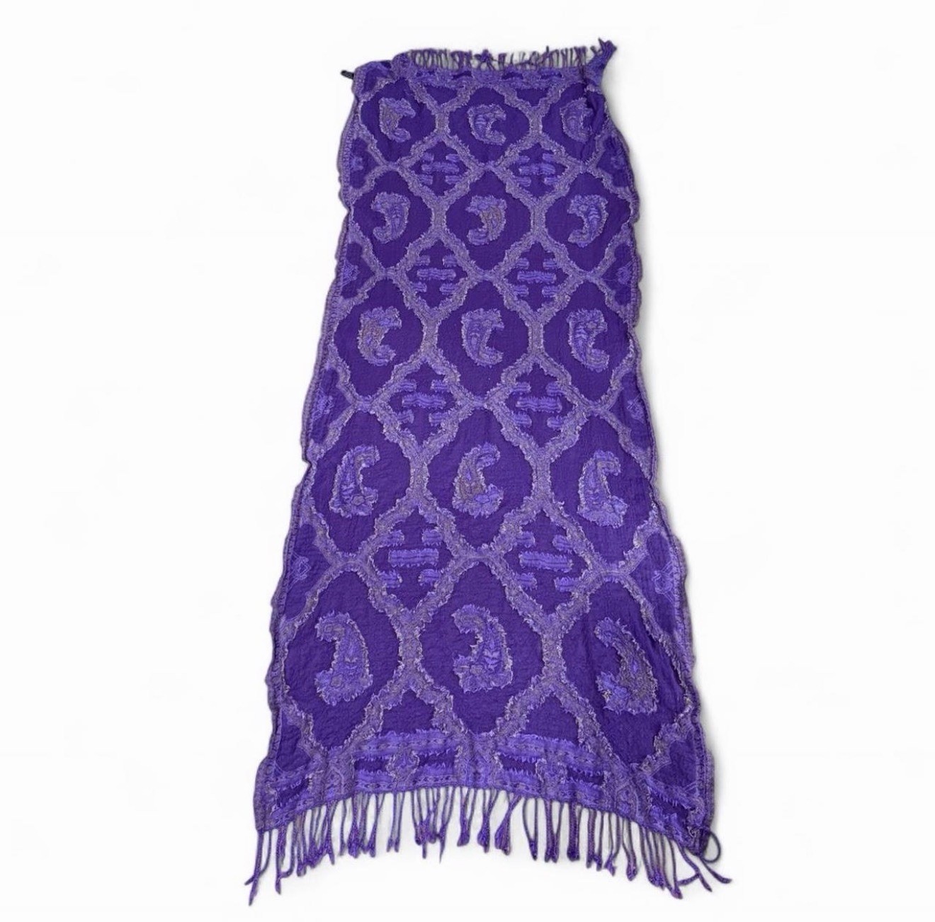 Purple Paisley Wool Viscose Knit Fringe Rectangle Scarf Wrap for Women