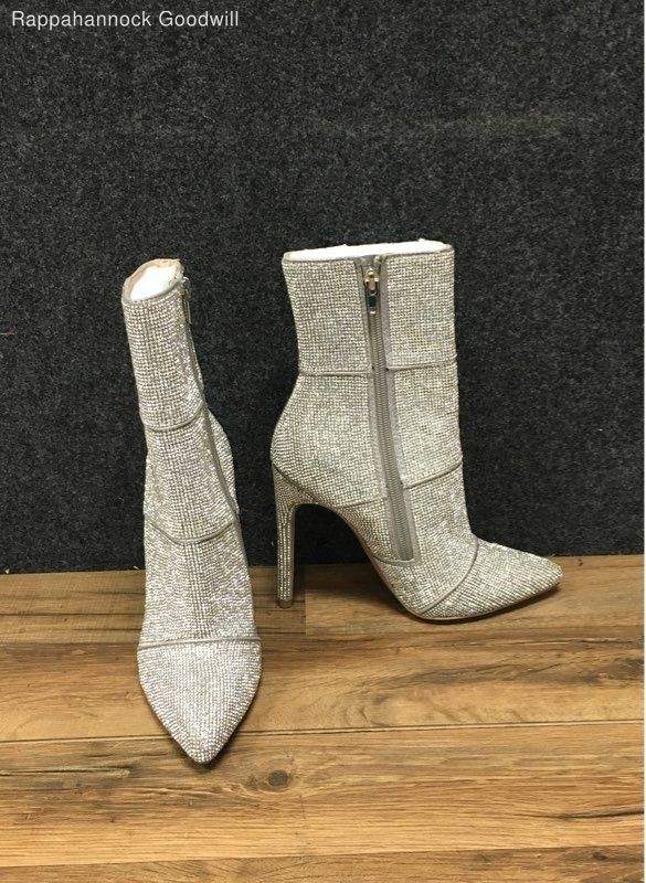 Steve Madden Winona Silver Rhinestone Pointed Toe Stiletto Ankle Boots Size 6
