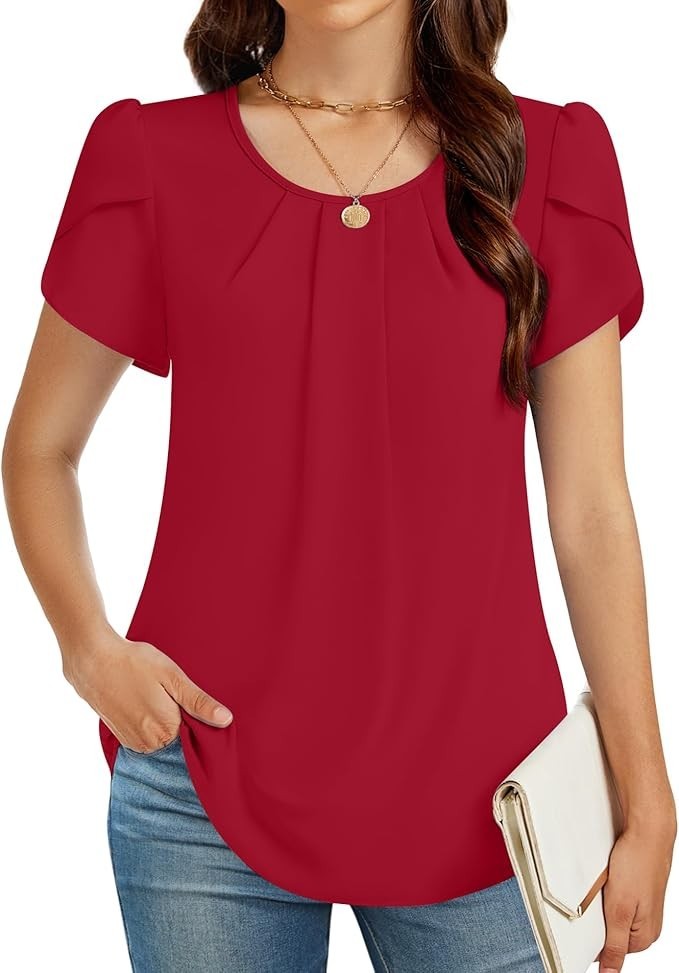Womens Tops Dressy Casual Summer Tunic Chiffon Blouse Pleated Front Crew Neck Sh