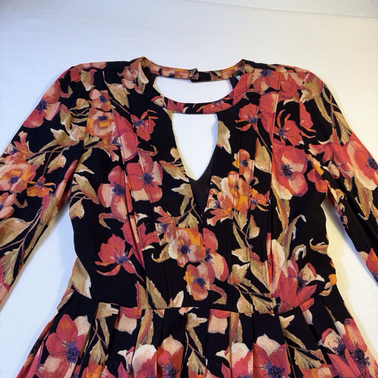 Free People Tegan Mini Dress 4 Floral Print Long Bell Sleeve Keyhole Black Coral