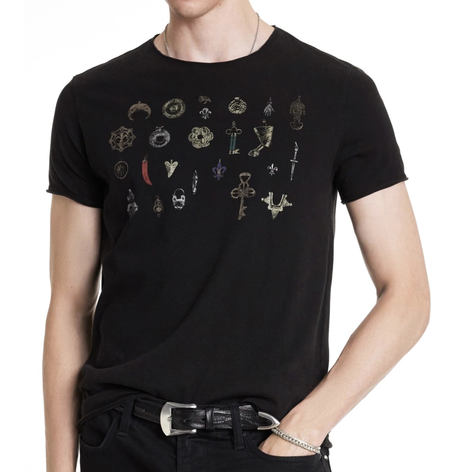 John Varvatos Men’s Short Sleeve Pendants Metallic Graphic Crew T-Shirt Black