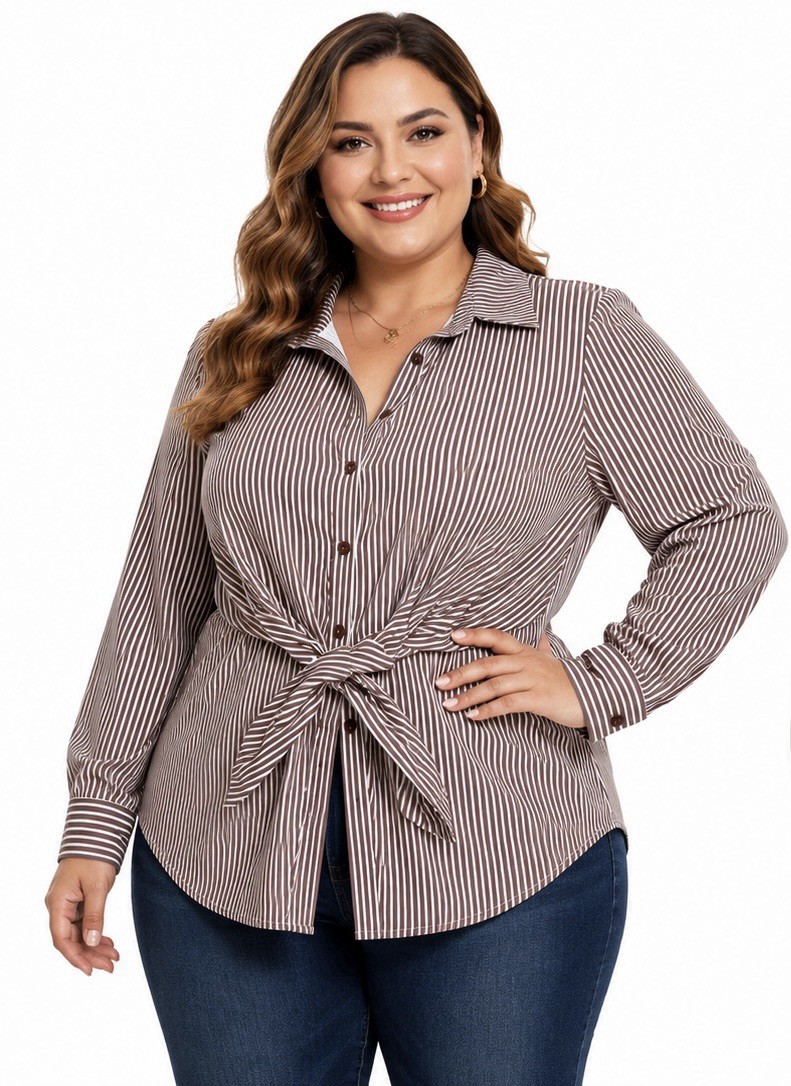Grace Karin Brown White Striped Woven Collared Button-Up Top 2XL Plus