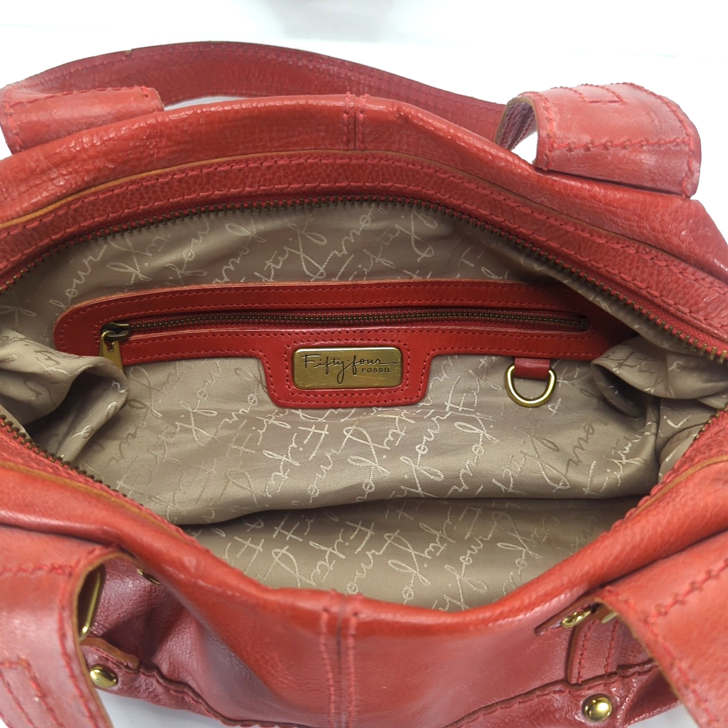 Fossil Fifty Four Handbag Double Handle Red/Tan Gold Tone Hardware 9″H Used