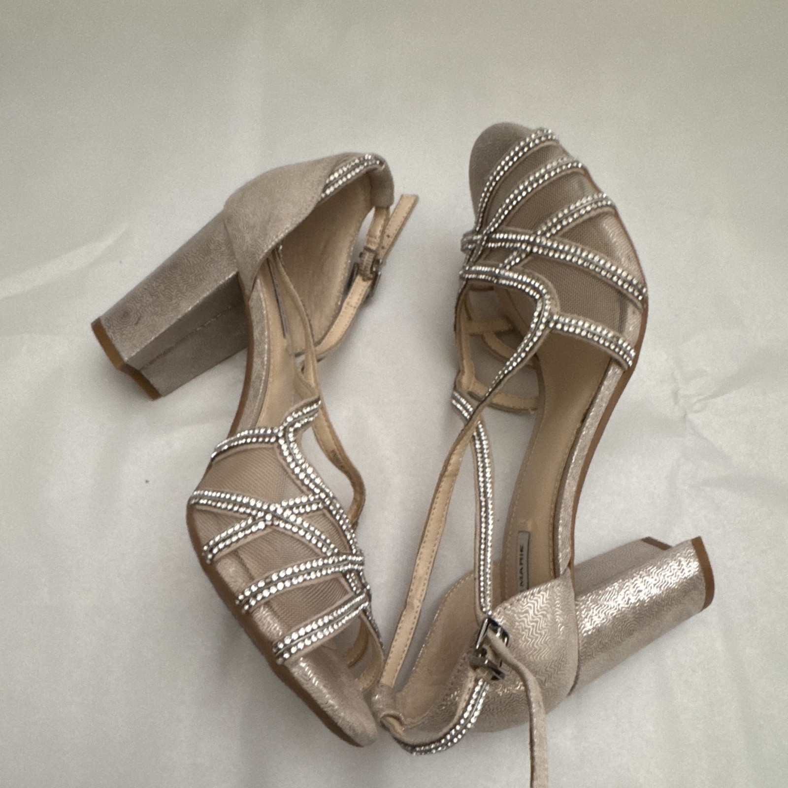 Alex Marie Beige Synthetic Strappy Open Toe Ankle Strap Buckle Heels 7.5