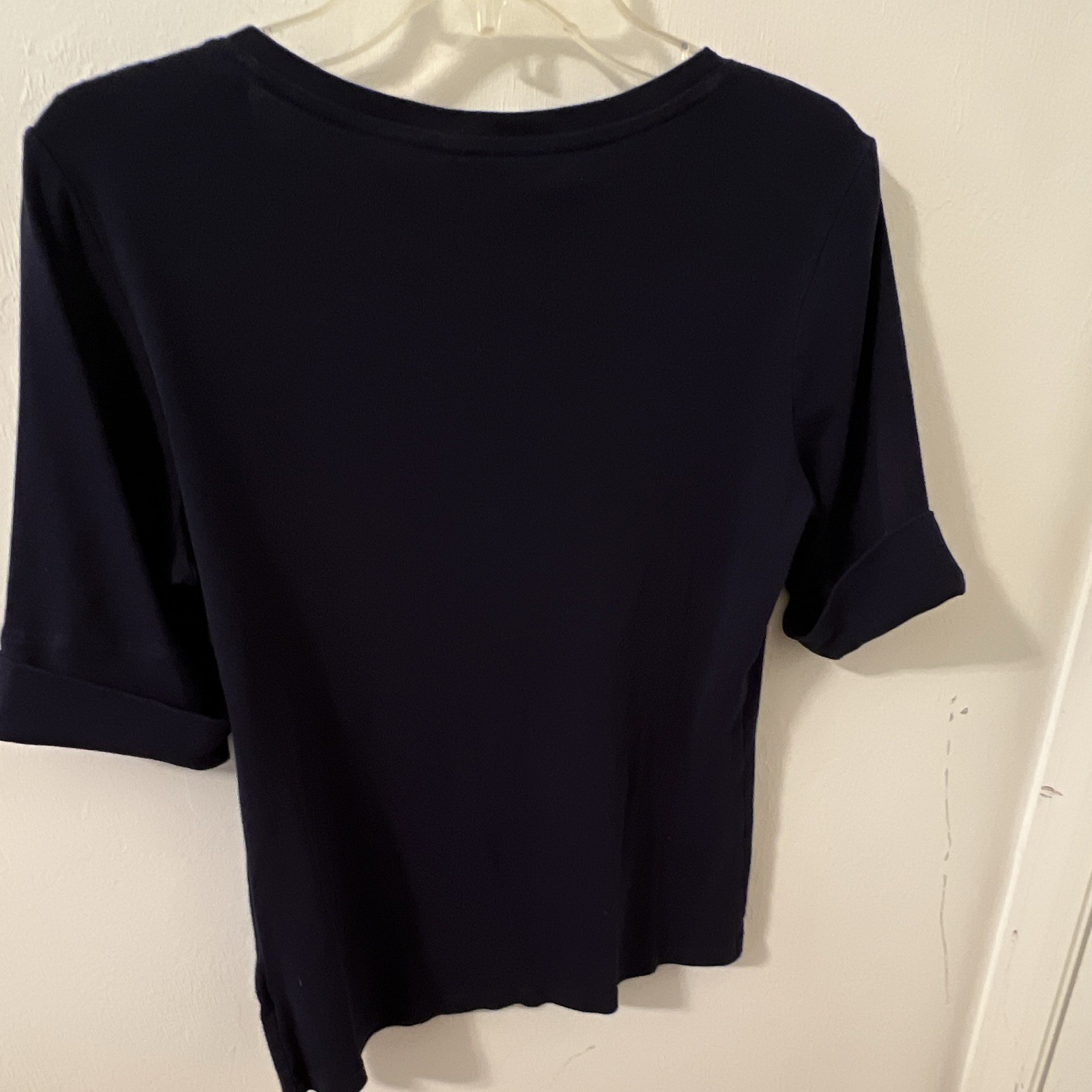 Lauren Ralph Lauren Navy Solid Knit V-Neck Rolled Cuff Short Sleeve Top L/G