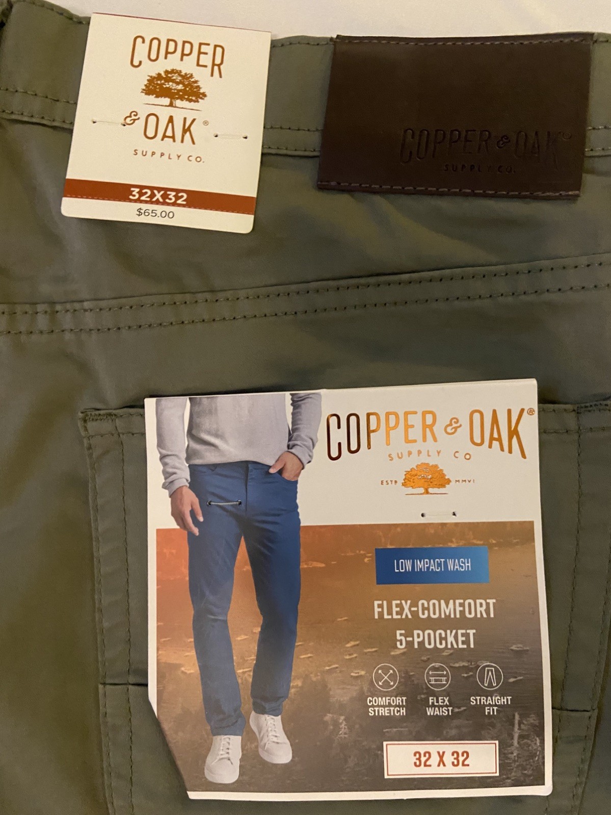 Copper & Oak NWT Men’s 32×32 Flex-Comfort 5-Pocket Pants Olive Green NWT $65