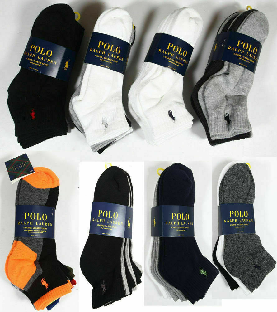 Polo Ralph Lauren Athletic 6 Pair Quarter Crew Socks Mens black white gray