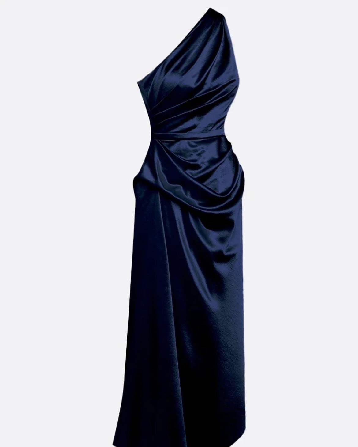 Fehaute – Navy Ruched Satin One Shoulder Sleeveless Sheath Midi Dress