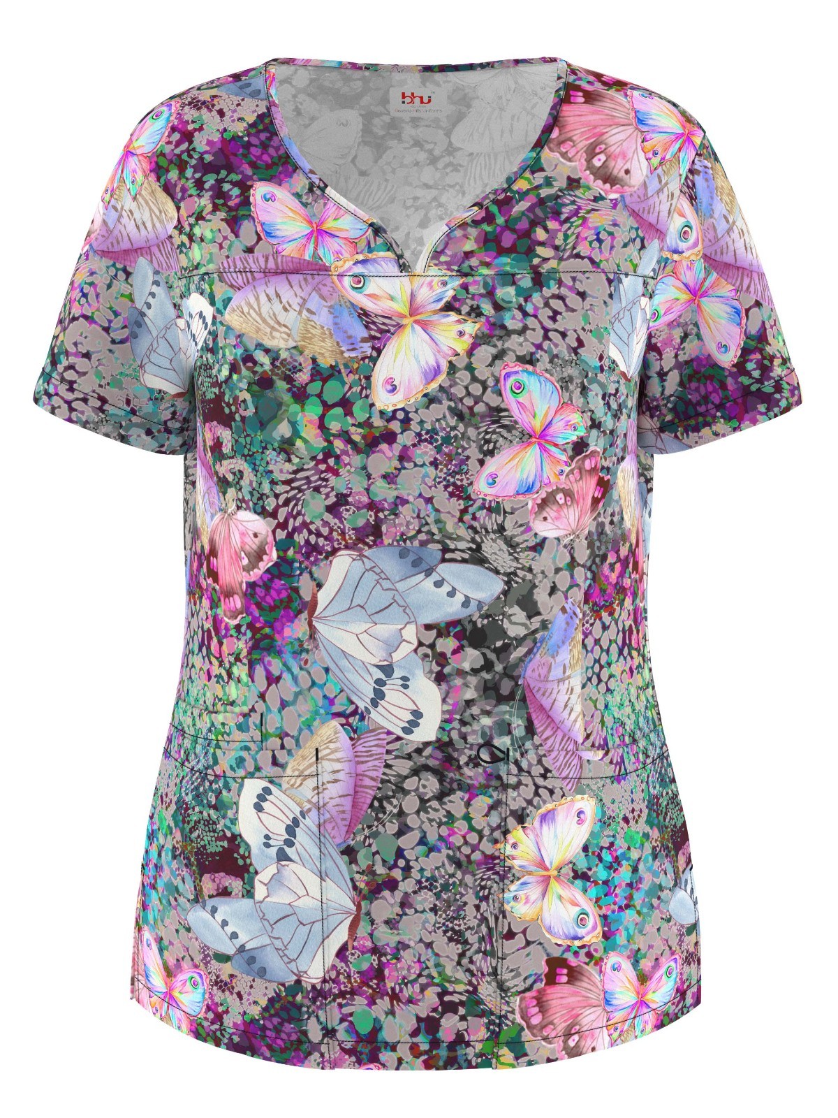 Women’s 4 Way Stretch Notch Collar Printed Scrub Top Sizes XS S M L XL 2XL NWT