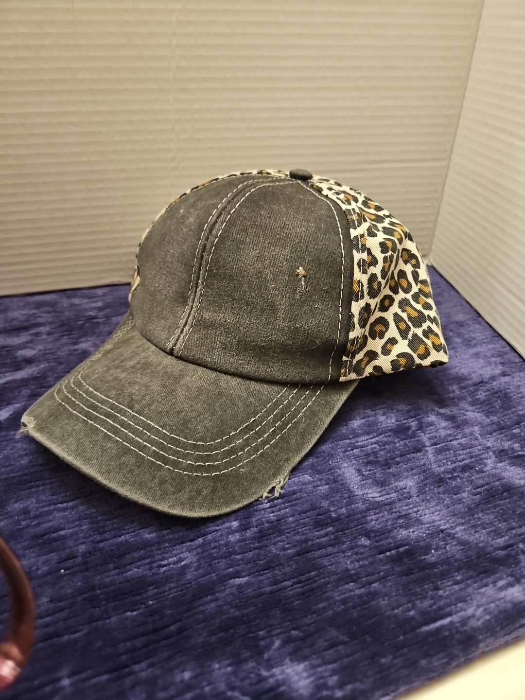 Leopard Black & Tan Factory Distressed Adjustable Ponytail Trucker Hat NEW