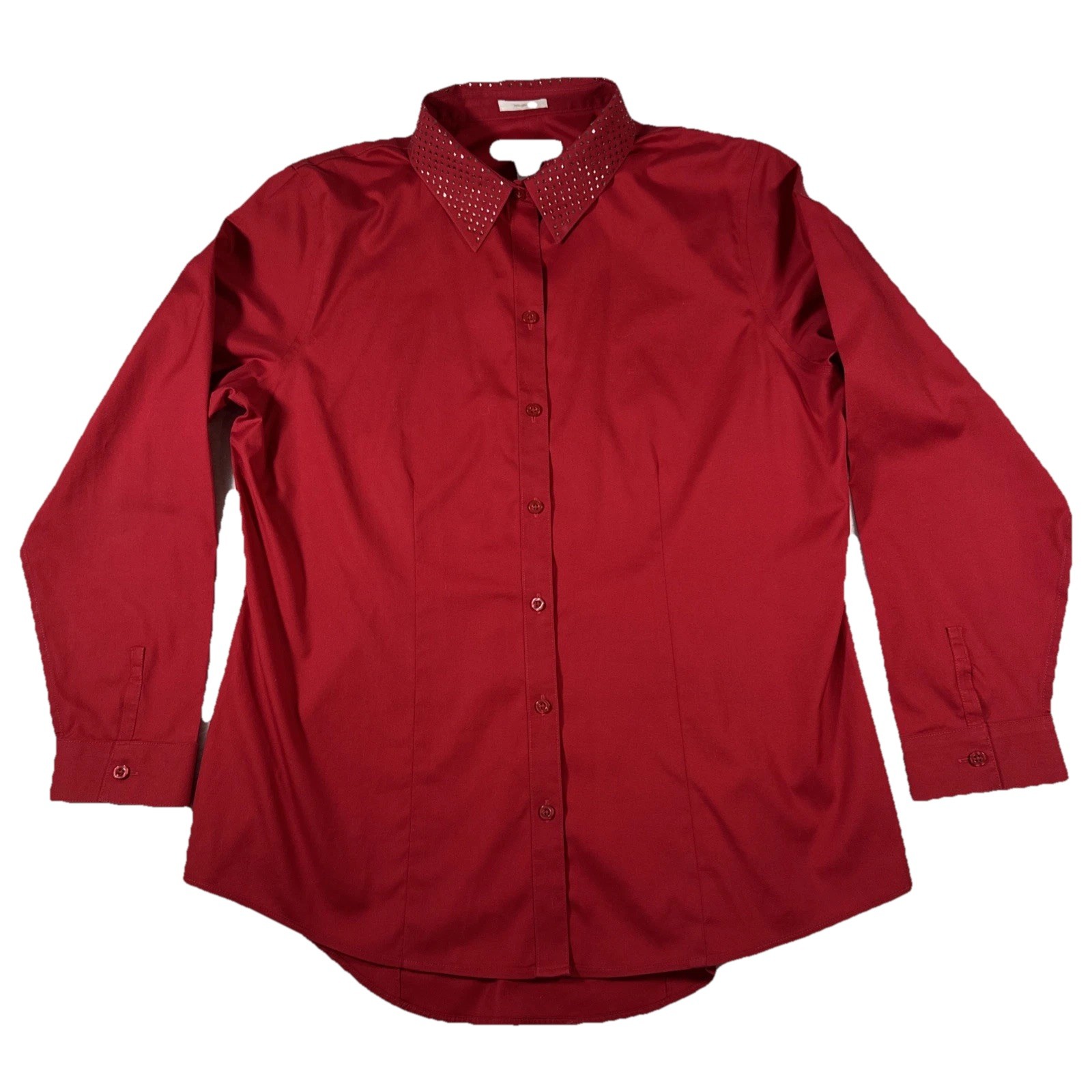 Chico’s Size 2/Large Solid Red Rhinestone Collar No-Iron Long Sleeve Button Down