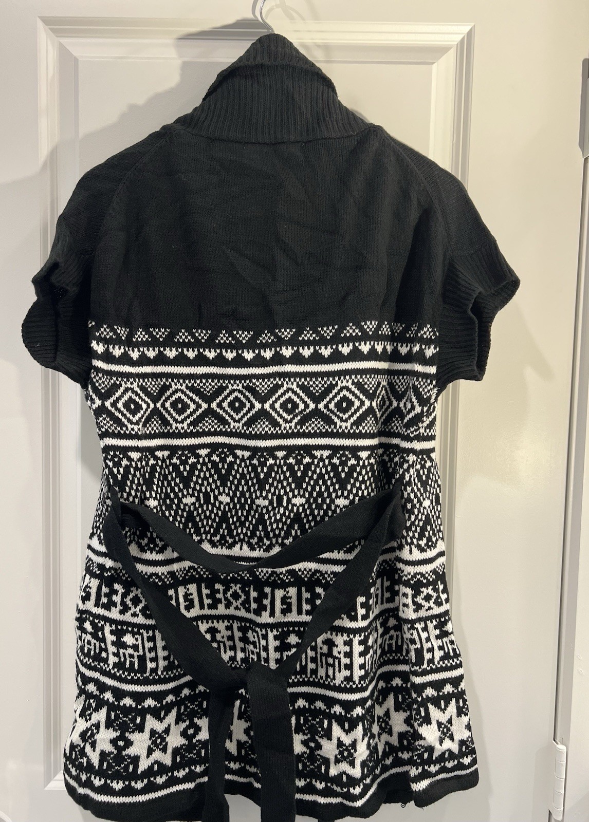 Black White Aztec Geometric Cardigan Open Front Short Sleeve Boho Knit Sweater