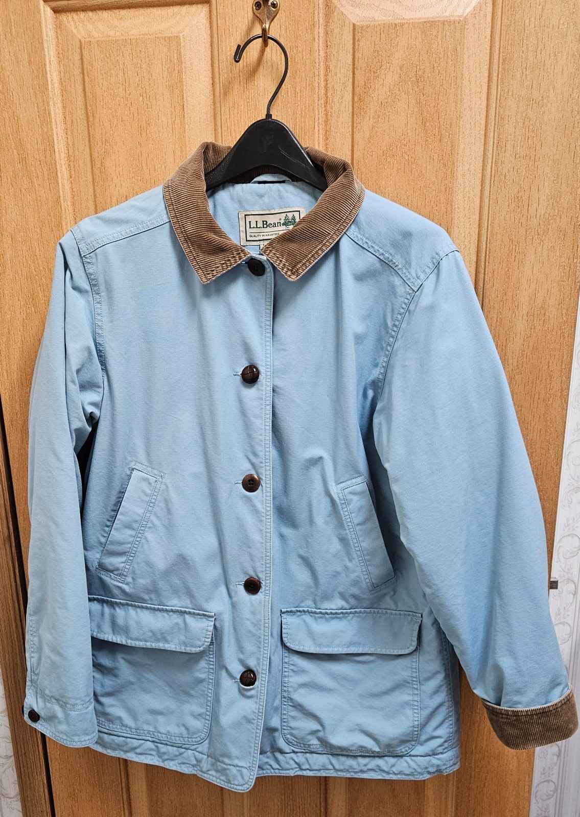 LL Bean Light Blue Barn Chore Jacket Coat Corduroy Collar Womens Large OWY28