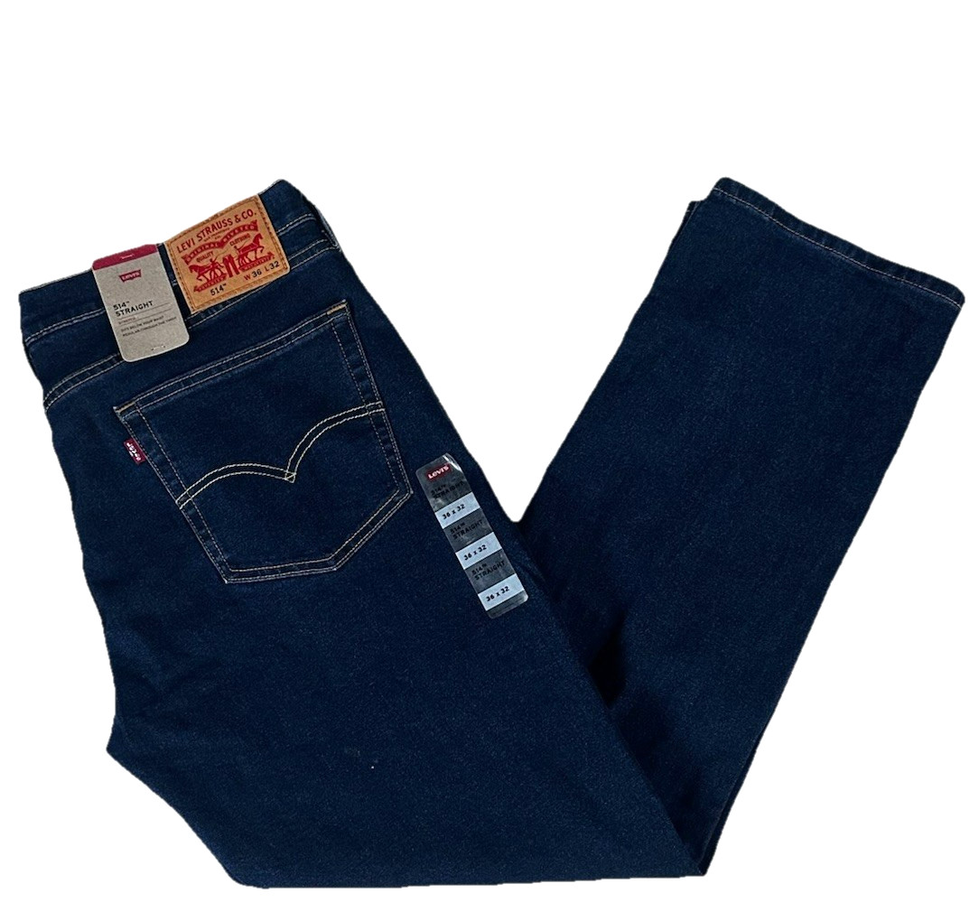 Levis Mens 514 Jeans 34 X 32 Straight Fit Stretch Dark Blue Denim Retail $69.50