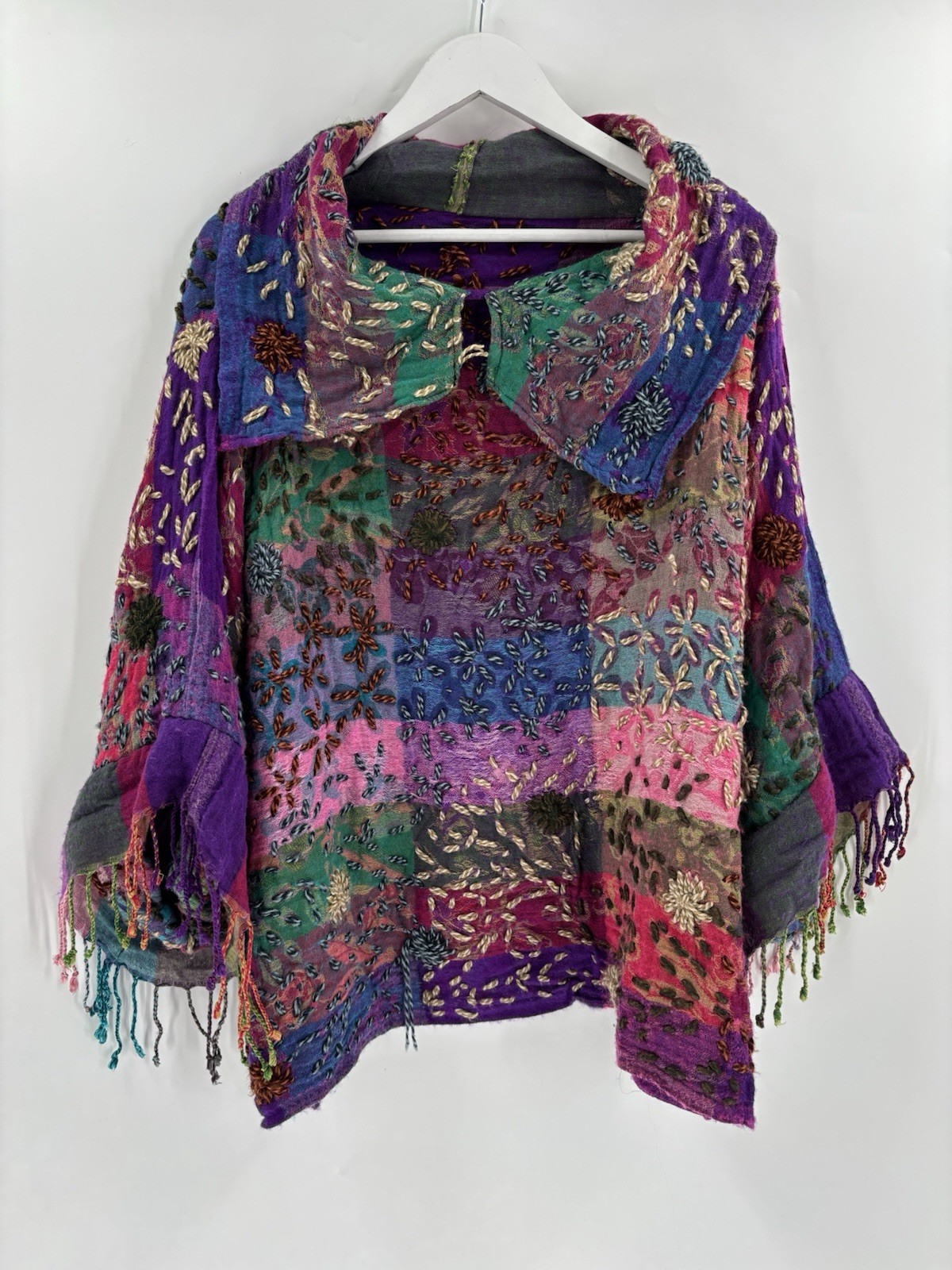 Patchwork Kantha Kimono Sweater Womens Large Multicolor Fringe Embroidered Boho