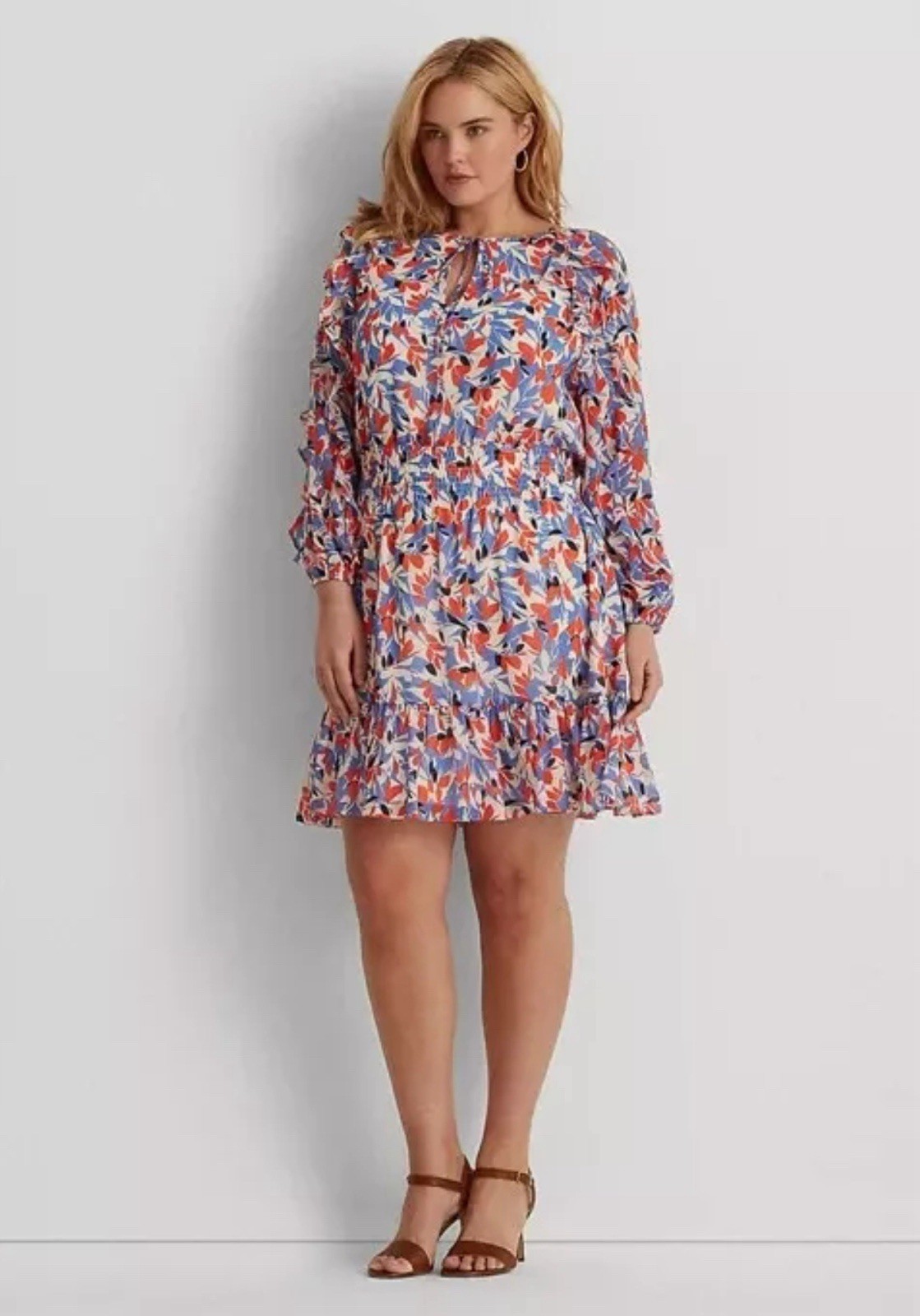 Lauren Ralph Lauren Plus Size 14W Floral Crinkled Georgette Dress Ruffled