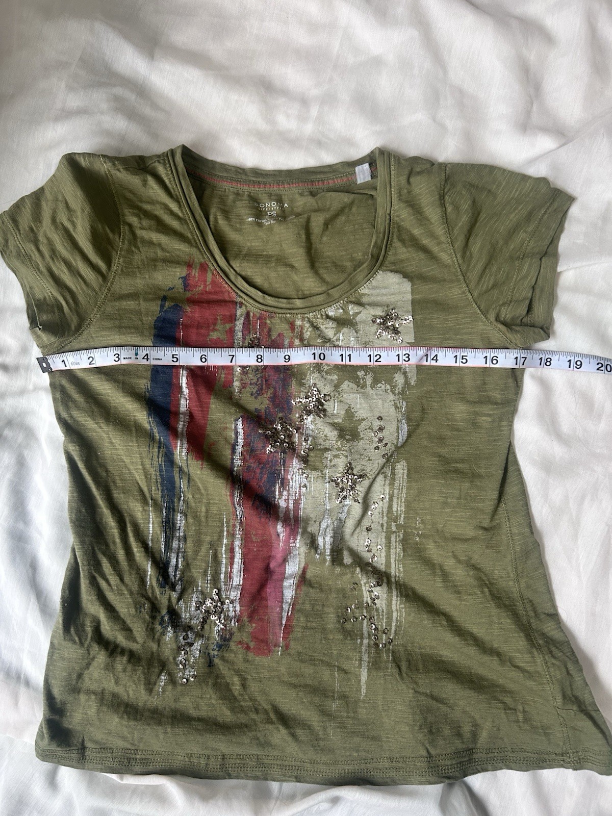 Sonoma Flag Graphic Tshirt Sequin sz PS vtg y2k cotton blend forest green