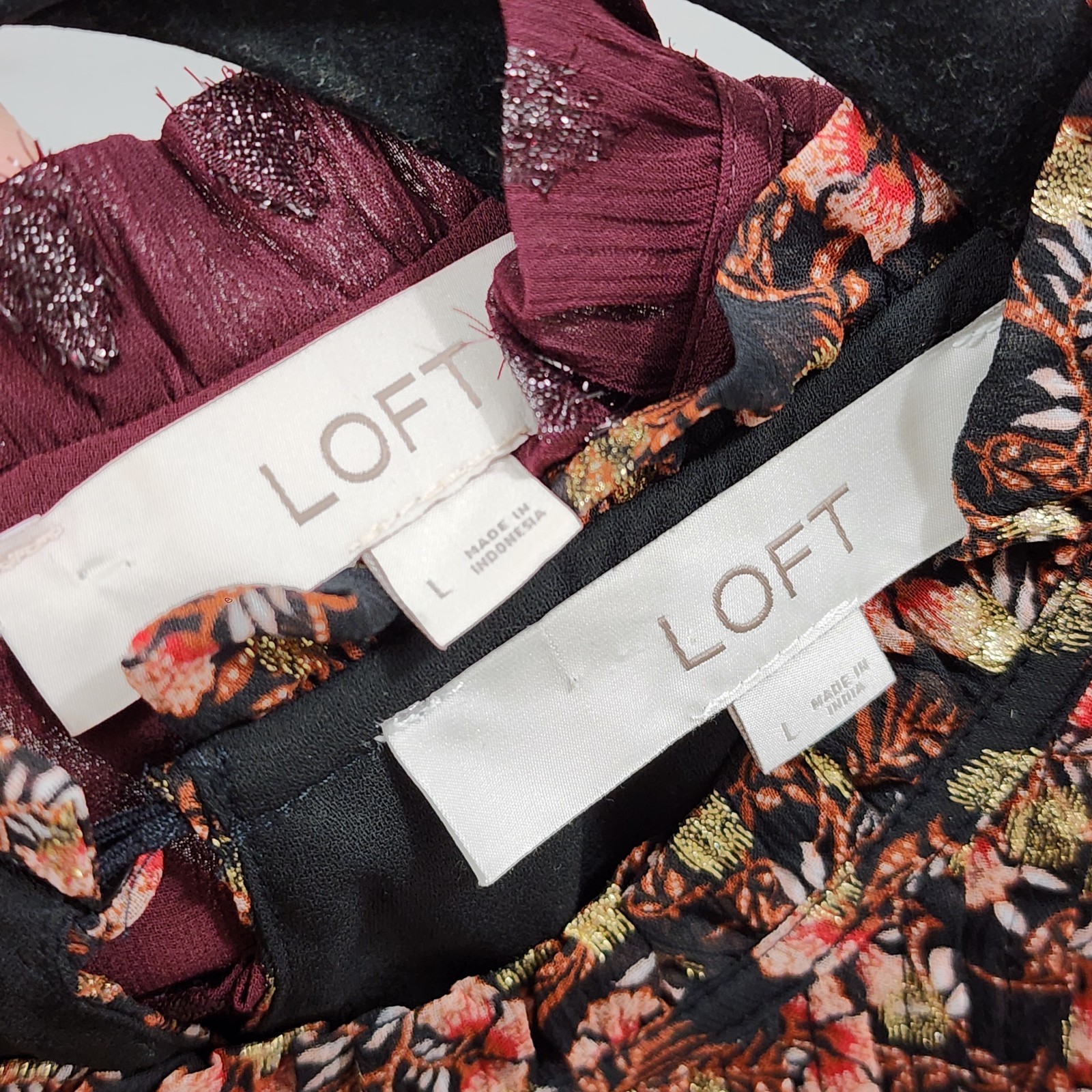 LOFT Shimmer Vine & Geo Clip Pleated Yoke Tops Set Womens L Long Sleeve Sheer