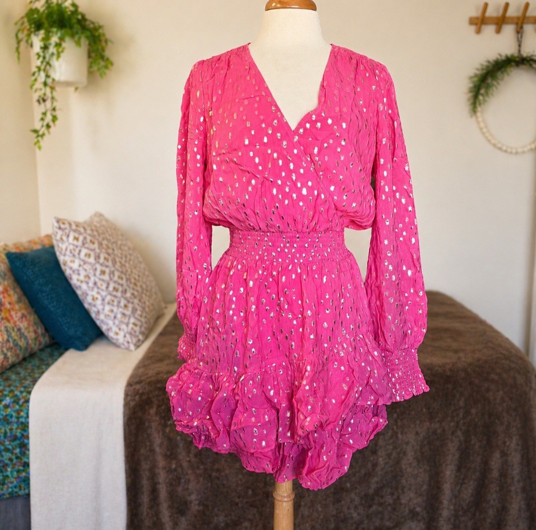 Lilly Pulitzer Cristiana Dress 12 Aura Pink Metallic Clip Dot Ruffle Smocked NWT