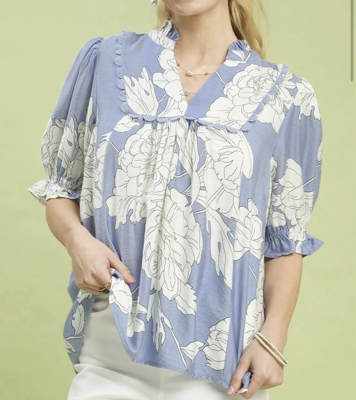 UMGEE Blue/White Floral Ruffle V-Neck Puff Sleeve Rayon Blouse Women S