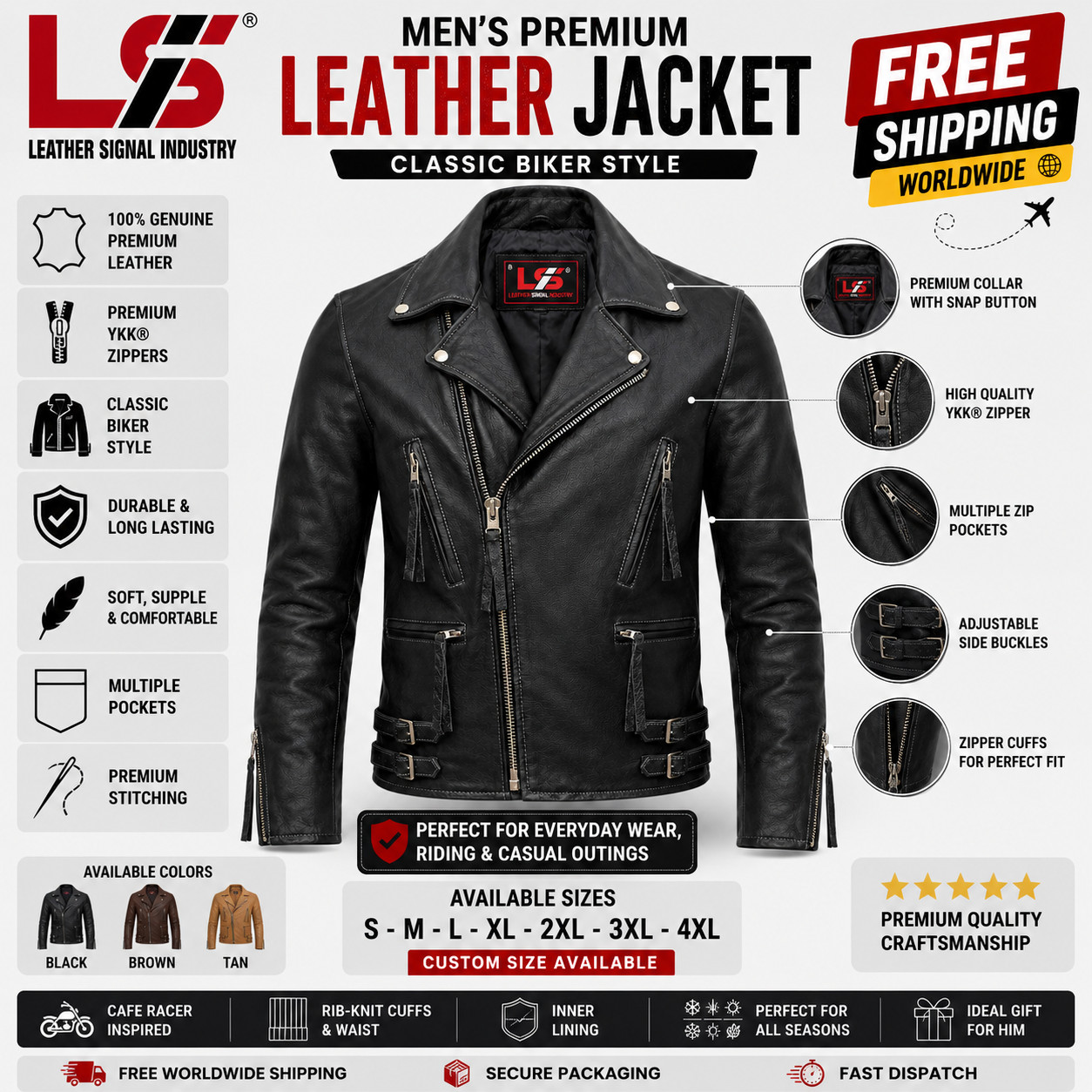 Men’s Genuine Leather Double Rider Jacket Classic Brando Motorcycle Biker Coat