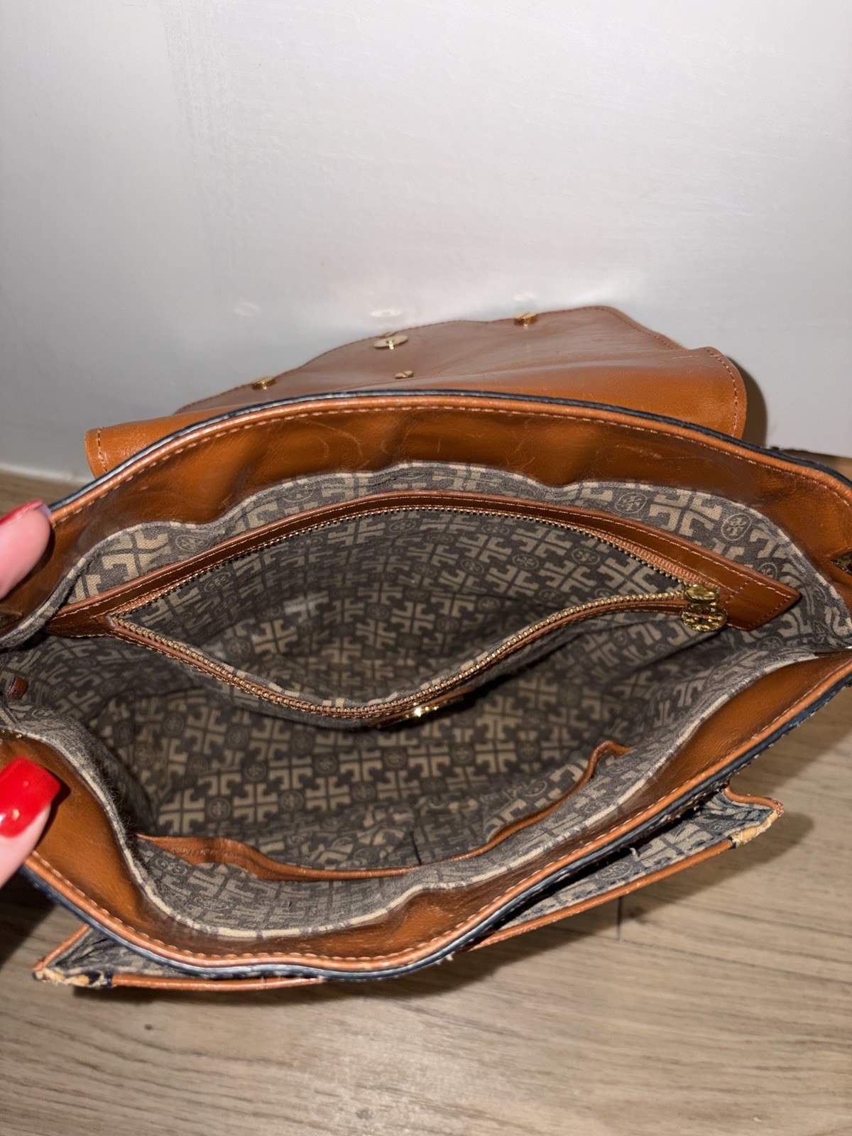 TORY BURCH COGNAC & EXOTIC LEATHER CHAINED STRAP SHOULDER HANDBAG