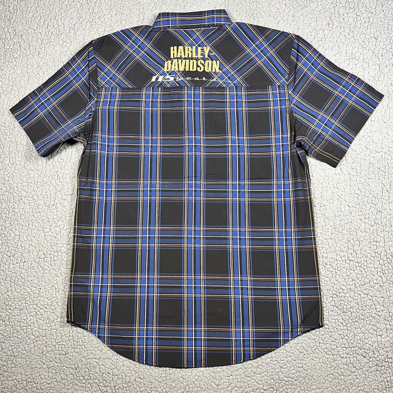 Harley-Davidson Mens Shirt Size M Blue Plaid Short Sleeve Button Down 115 Years