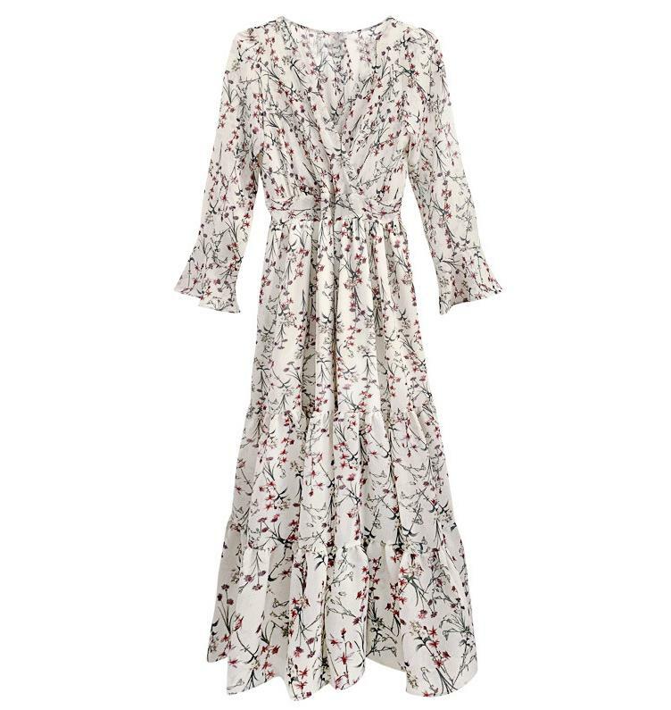 Women’s Floral Print V-Neck 3/4 Sleeve Beach Chiffon Long Maxi Dress Slim New