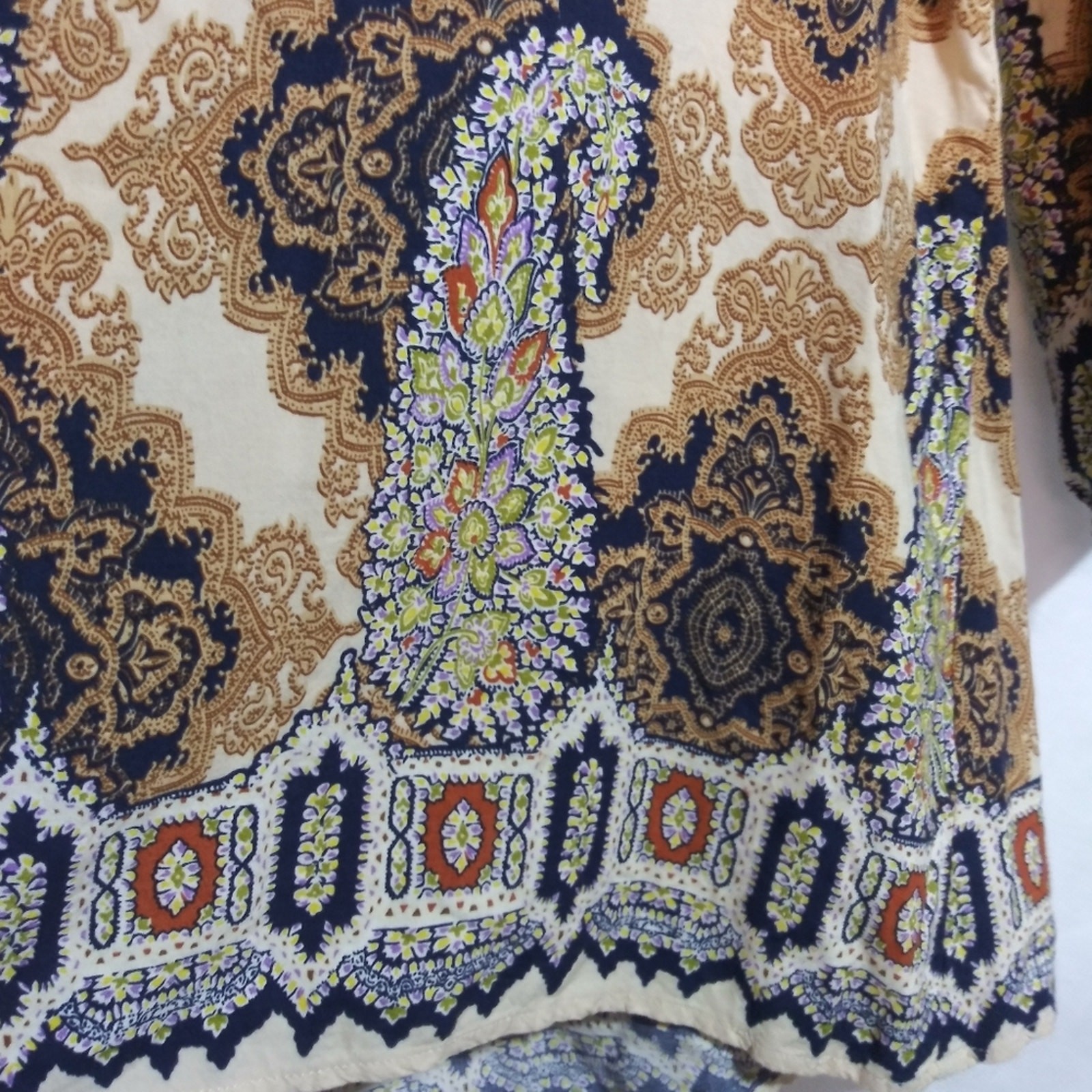 Kori America Boho Patterned Tunic Top Crochet Edge Beige Navy Size Small