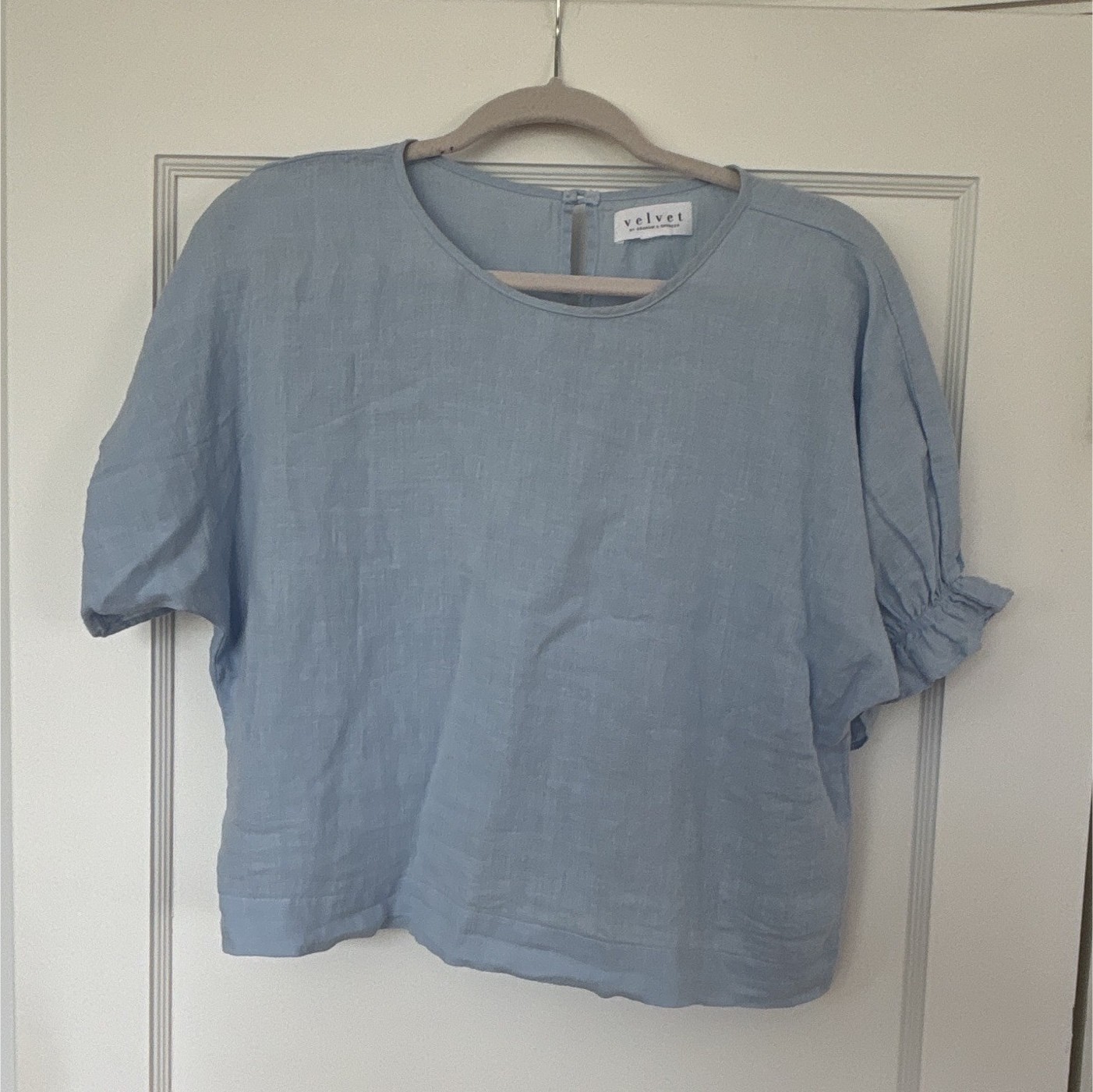 Velvet Women’s Blue Linen Short Sleeve Round Neck Pullover Woven Ruffle Blouse