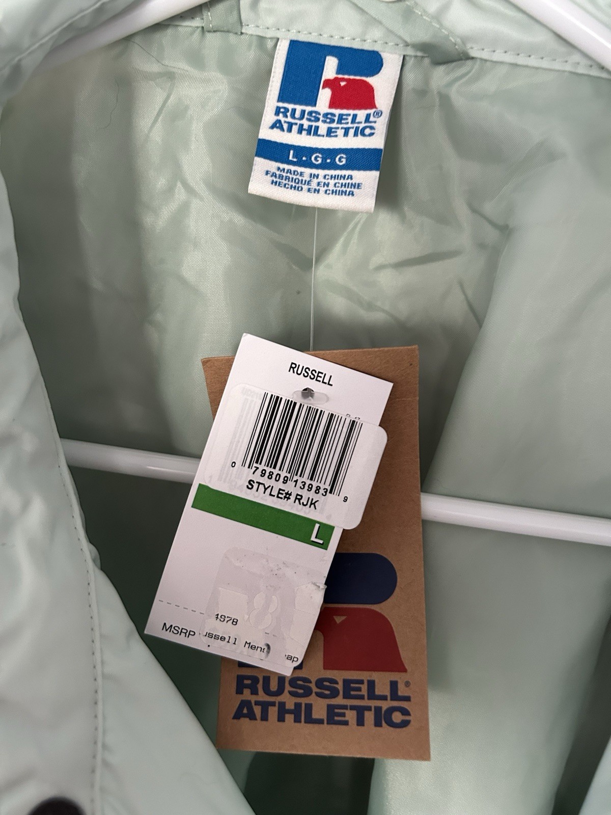 Russell Athletic Men’s Green Snap-Front Windbreaker Jacket L Pockets Logo