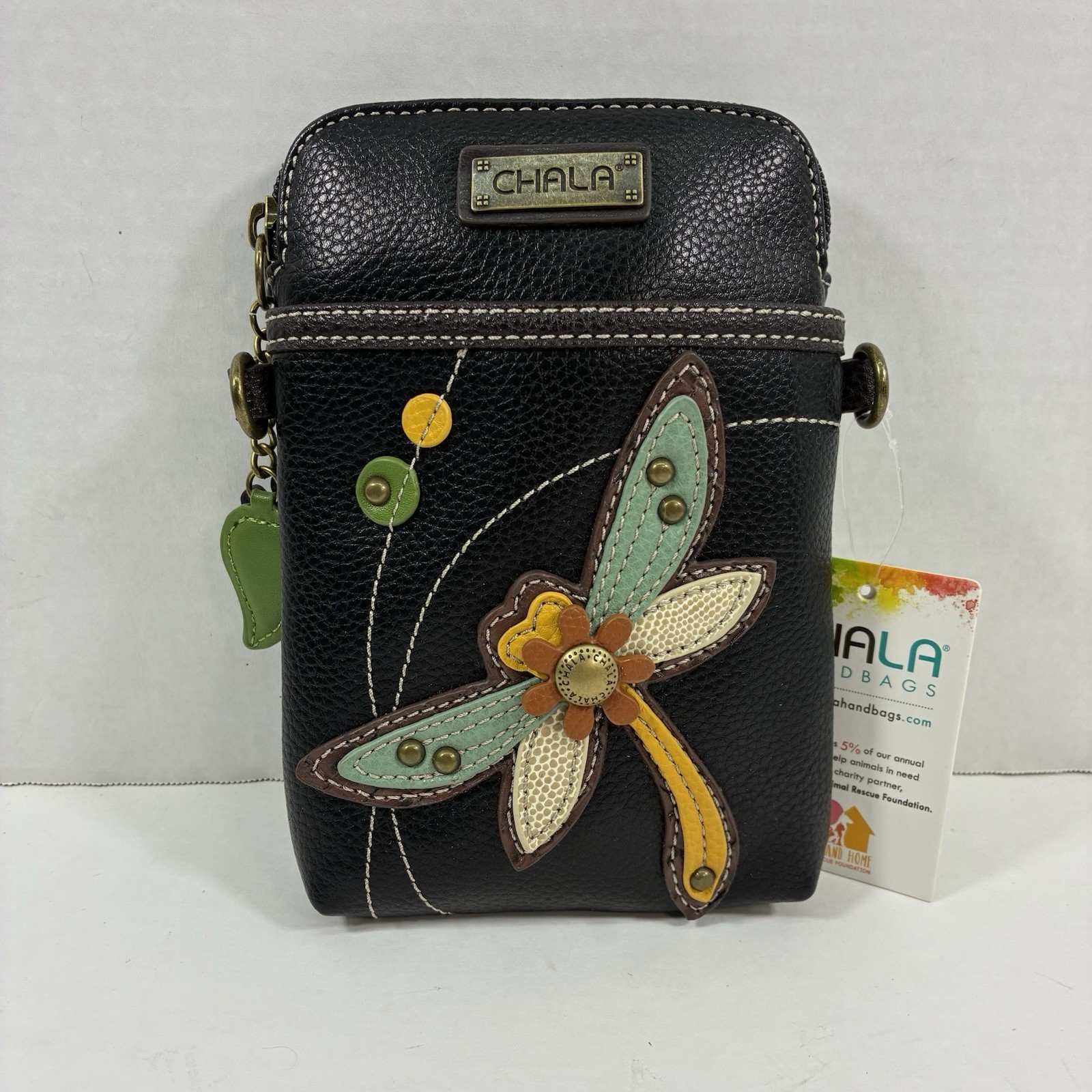 Chala Dragonfly Crossbody Phone Purse Hand Bag Black Faux Leather Black NEW