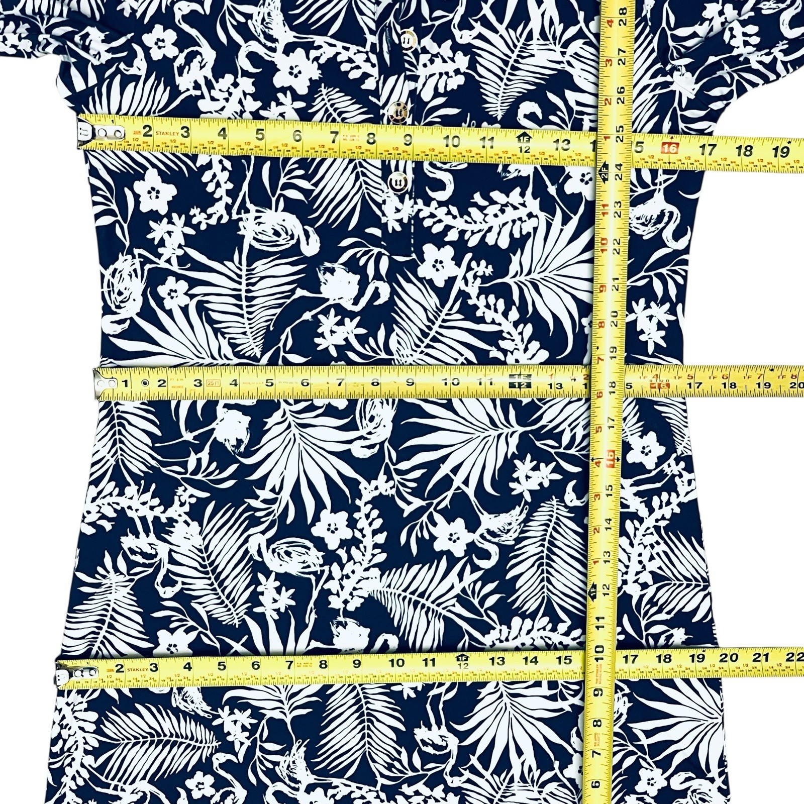 Ana Clare Dress UPF 50+ Tropical Floral Print Gold/Button 3/4 Bell Sleeve Sz S