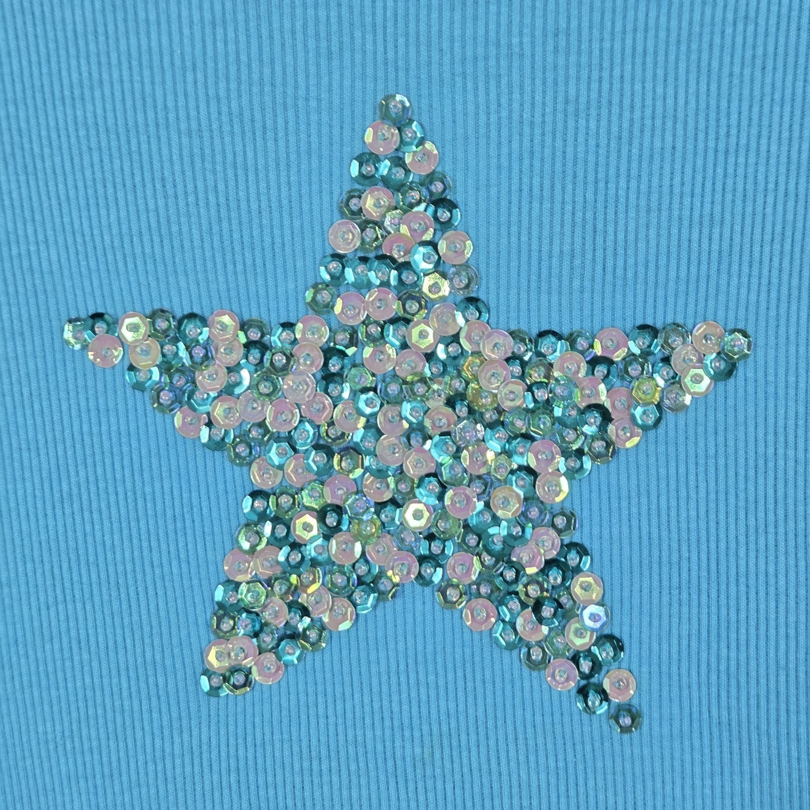 Quacker Factory Sequin Star Top sz 1X Turquoise Teal 100% Ribbed Cotton Stretch