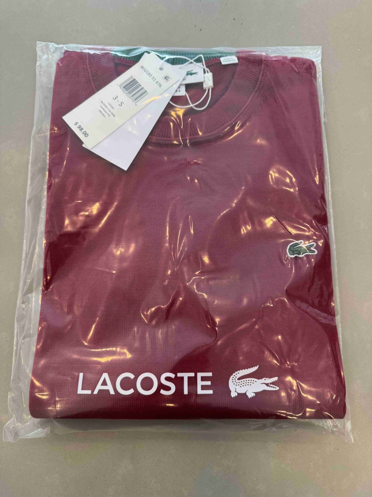 Lacoste CREW-Neck Cotton Sweater Mens Size LIGHT MAROON Red