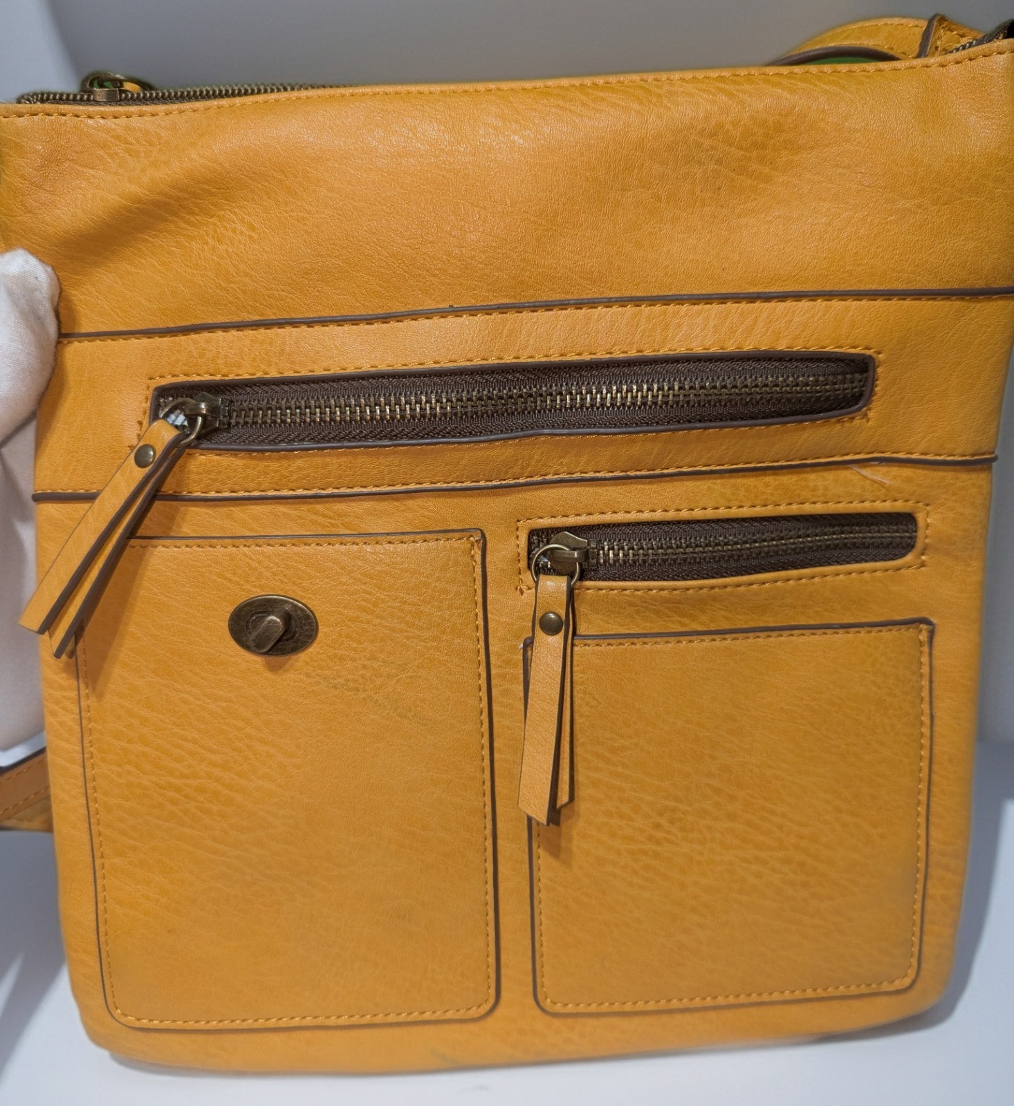 Mustard Faux Leather Crossbody Bag Multi Zip Organizer Adjustable Strap