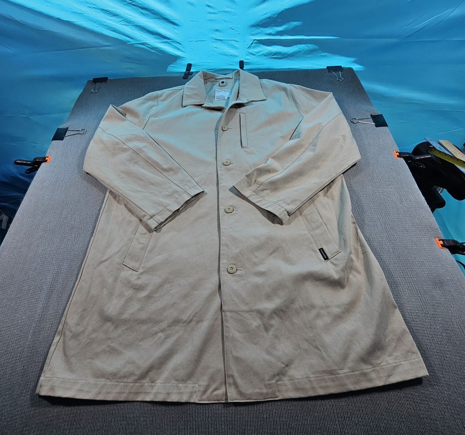 Frank And Oak Men’s Beige Long Trench Coat Button Front Pockets Point Collar XXL