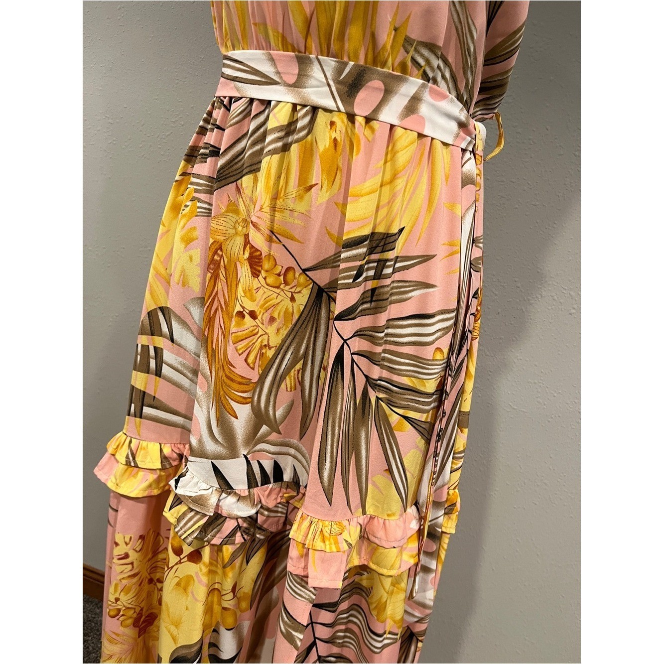 One-Shoulder Pink and Yellow Tropical Maxi Dress