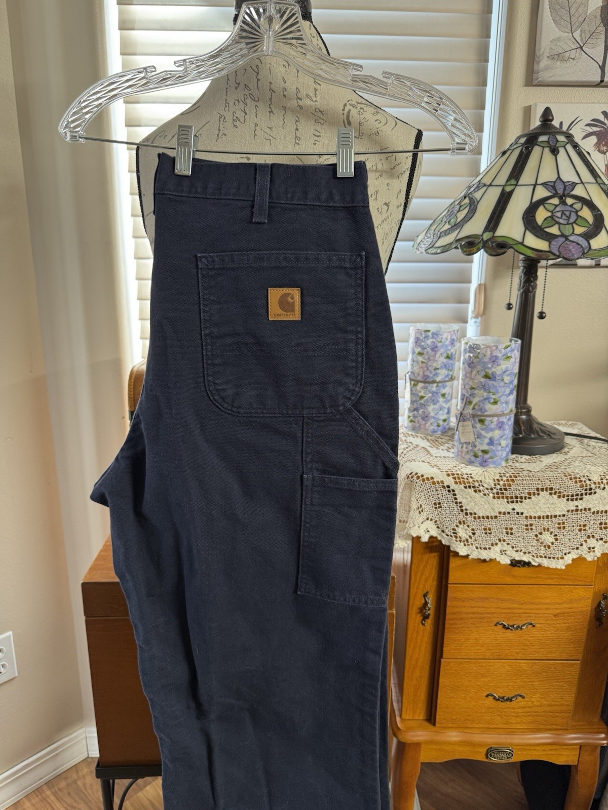 CARHARTT MENS 36X30 NAVY COTTON DENIM CARPENTER PANTS, FLAT FRONT, SLANT POCKETS