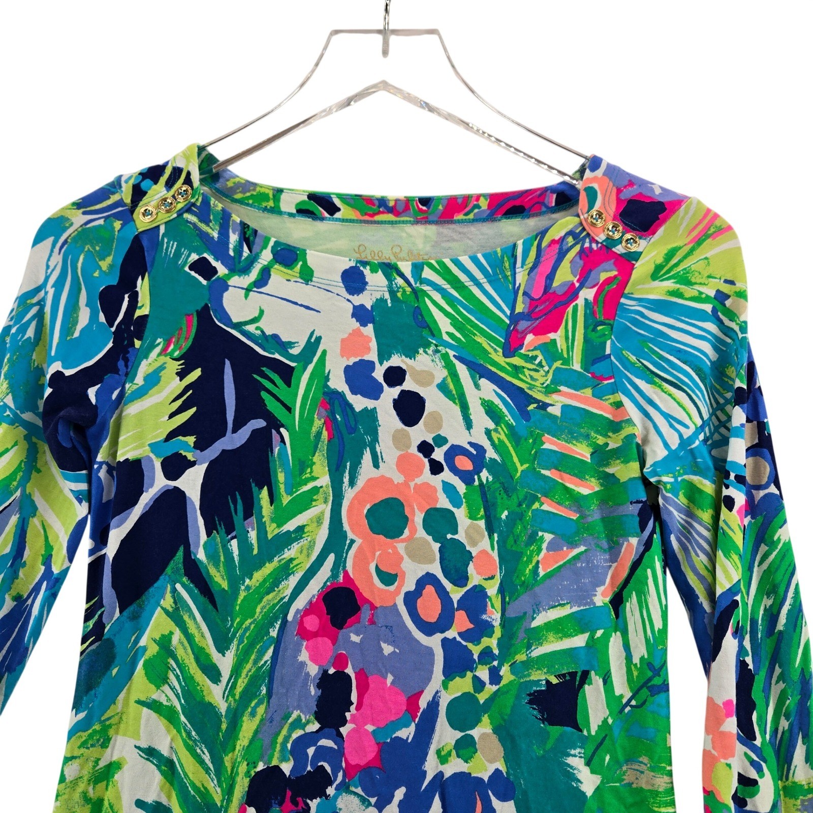 Lilly Pulitzer Sophie Dress XXS Tropical Palm Floral Gold Button Shift Travel