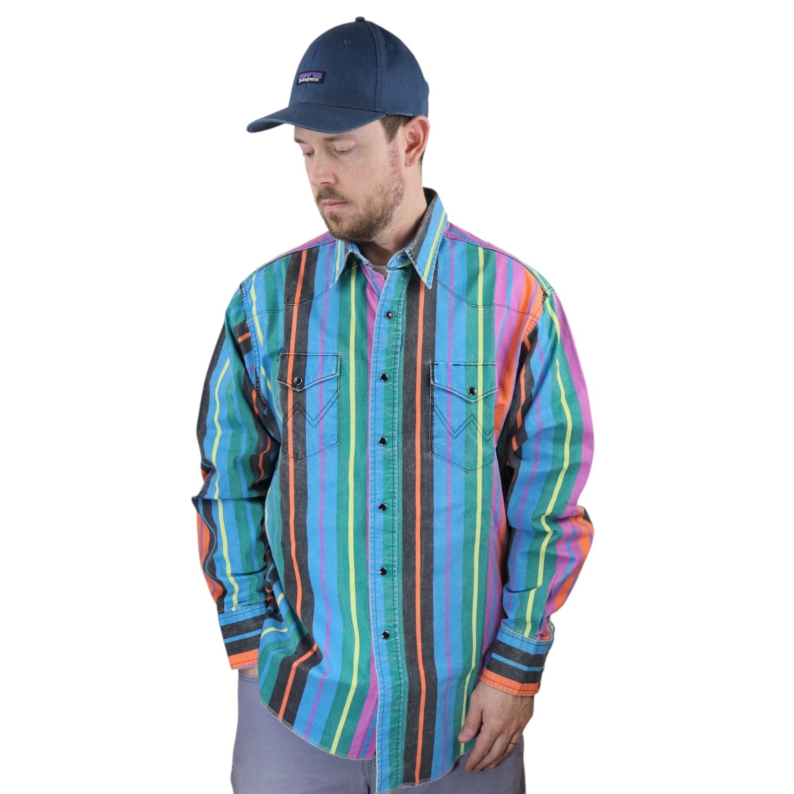 Vintage Wrangler Brushpopper Western Shirt Mens 17/35 Large Striped Made In USA