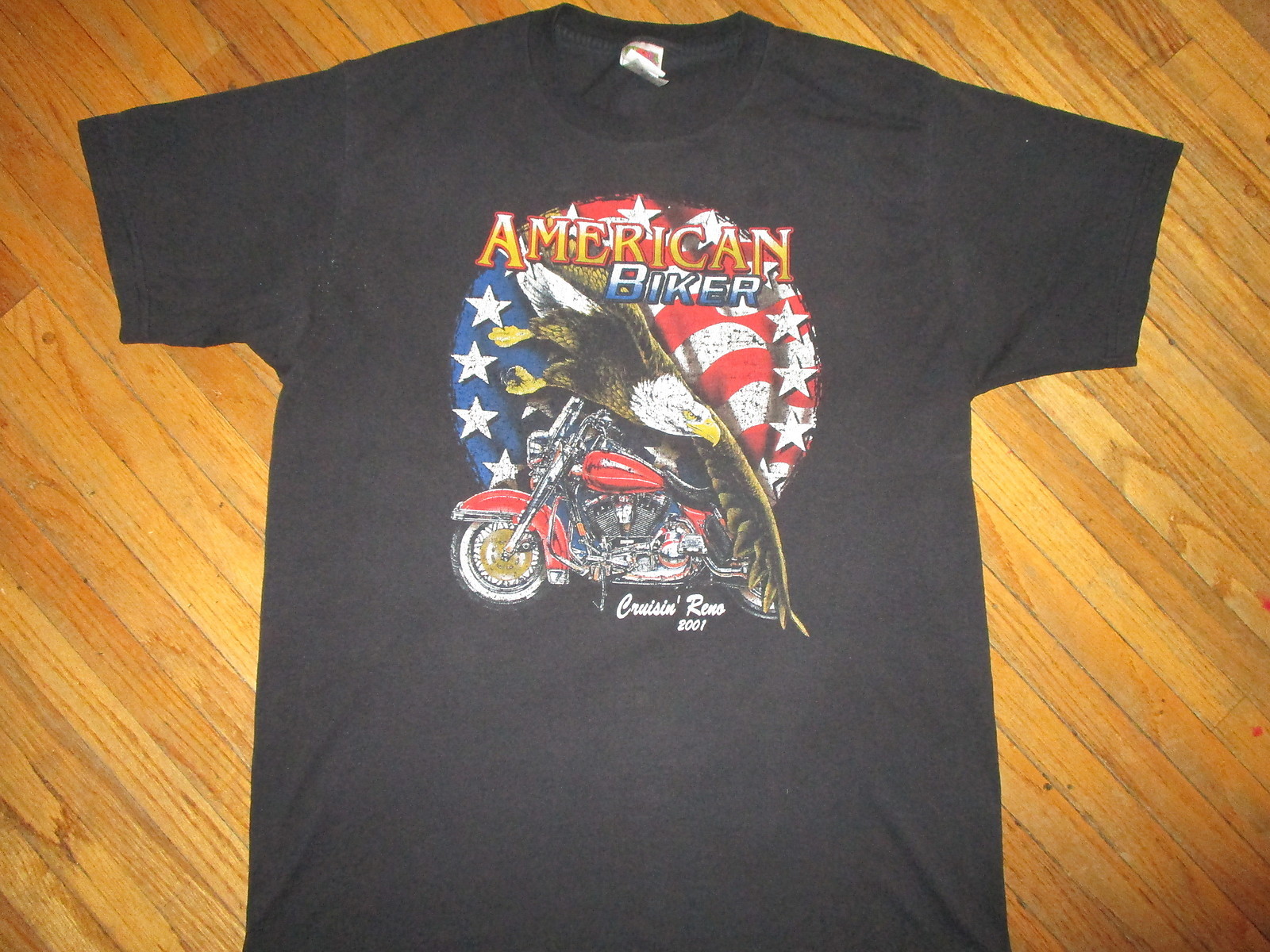 vtg AMERICAN BIKER CRUISIN RENO 2001 T SHIRT motorcycle Eagle USA Flag beat-up L
